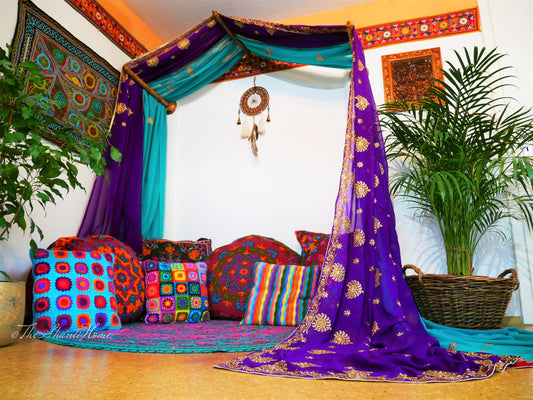 Princess bed canopy - custom made saree canopy frame with handcrafted walnut wood rods | bed curtains - meditation space