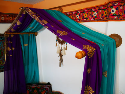 Princess bed canopy - custom made saree canopy frame with handcrafted walnut wood rods | bed curtains - meditation space