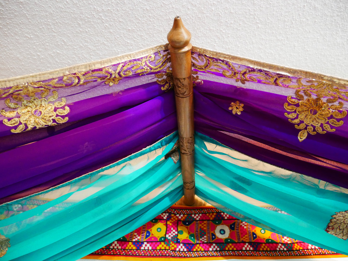 Princess bed canopy - custom made saree canopy frame with handcrafted walnut wood rods | bed curtains - meditation space