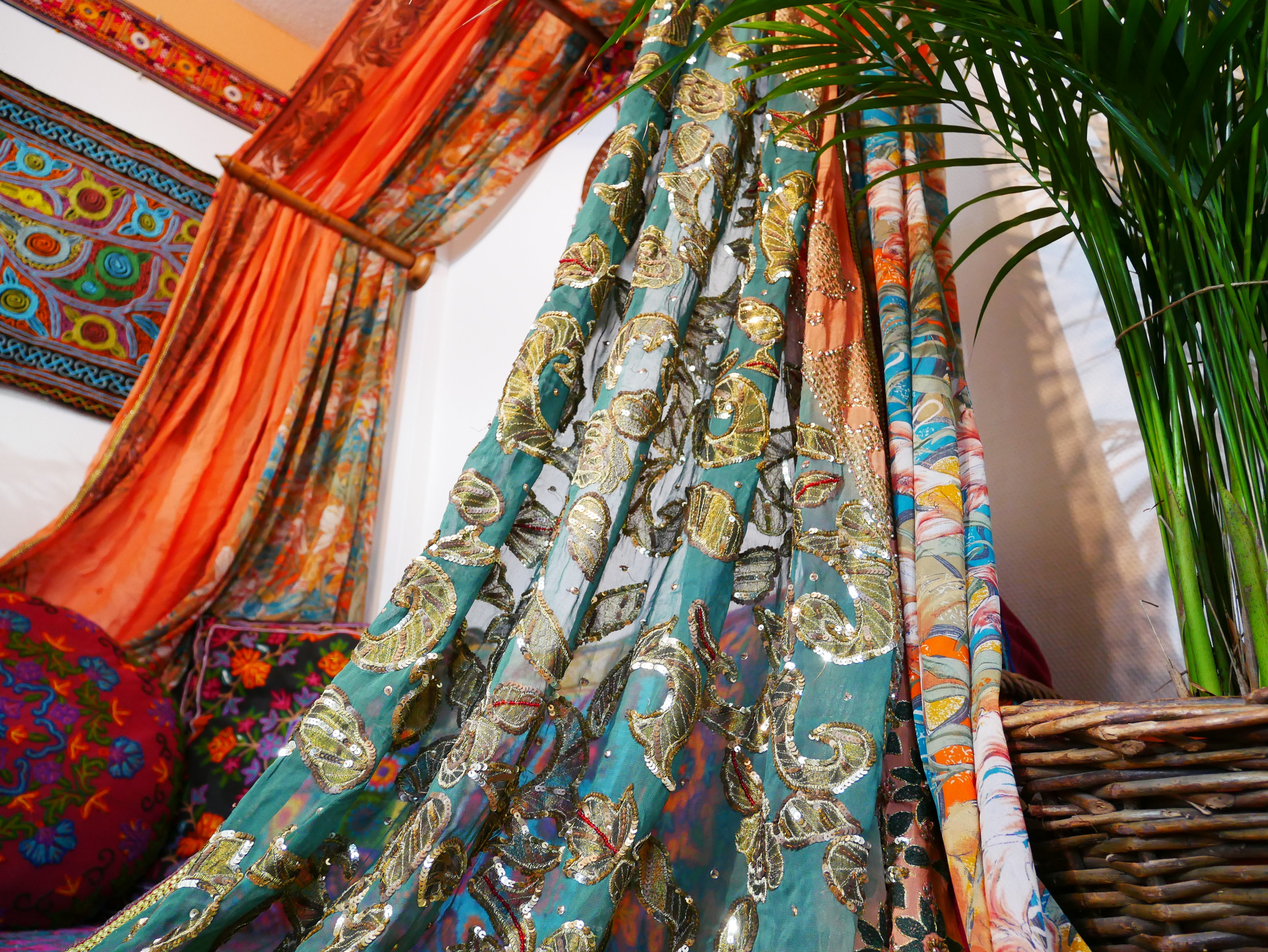 Wedding Saree bed canopy Boho chic canopy with handcrafted walnut wood rods bed curtains meditation space