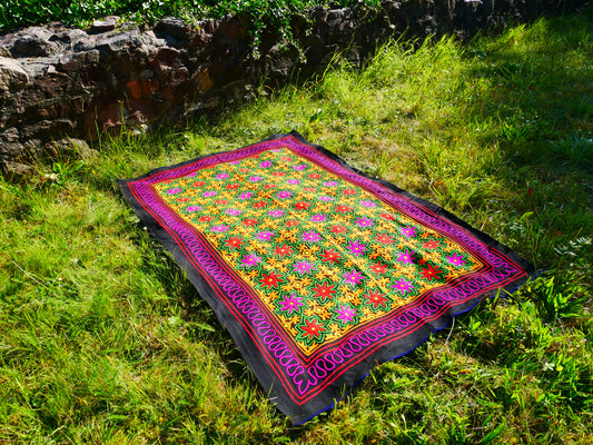 Kashmiri Gabba: Unique Handmade Wool Blanket Rug Boho Style Throw Blanket with Colorful Embroidery -Hippie Floor Seating Meditation decor