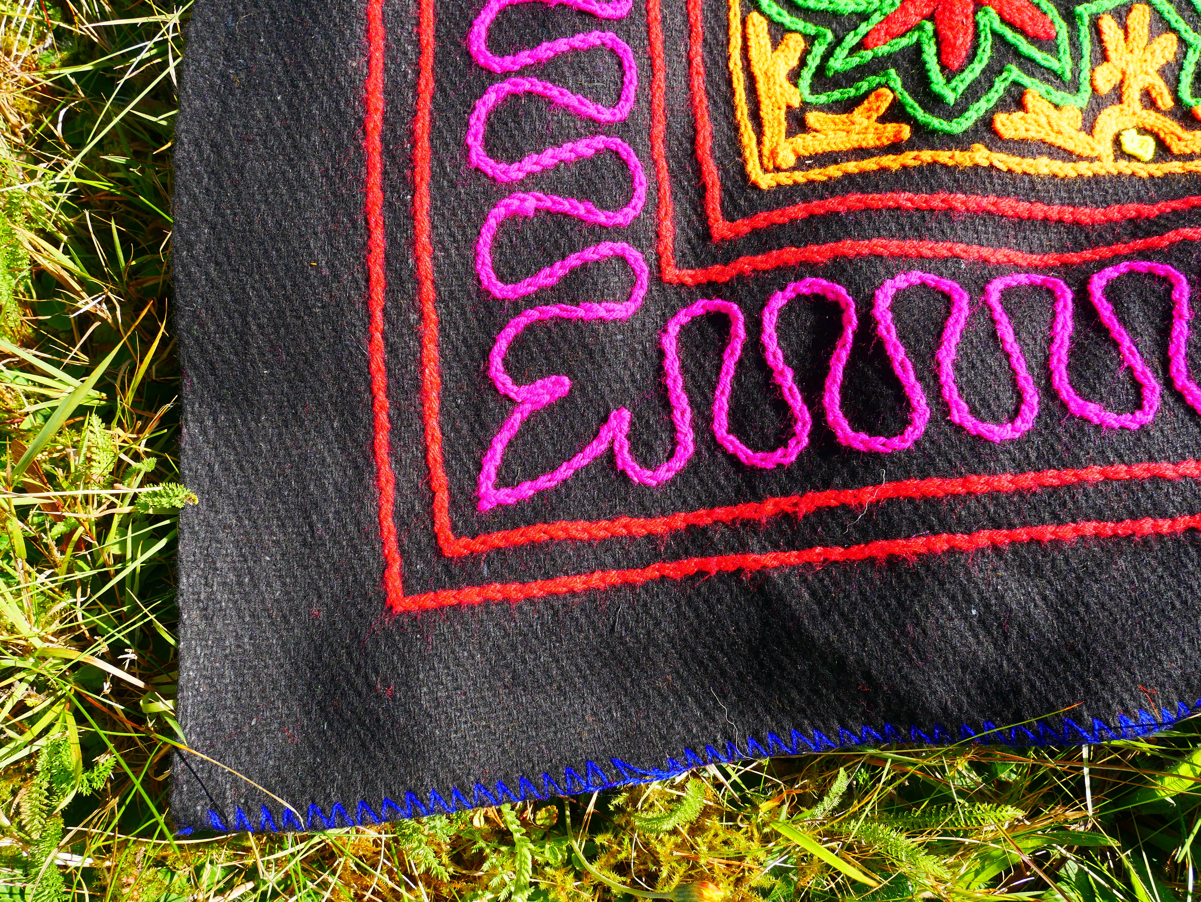 Kashmiri Gabba: Unique Handmade Wool Blanket Rug Boho Style Throw Blanket with Colorful Embroidery -Hippie Floor Seating Meditation decor - The Shanti Home