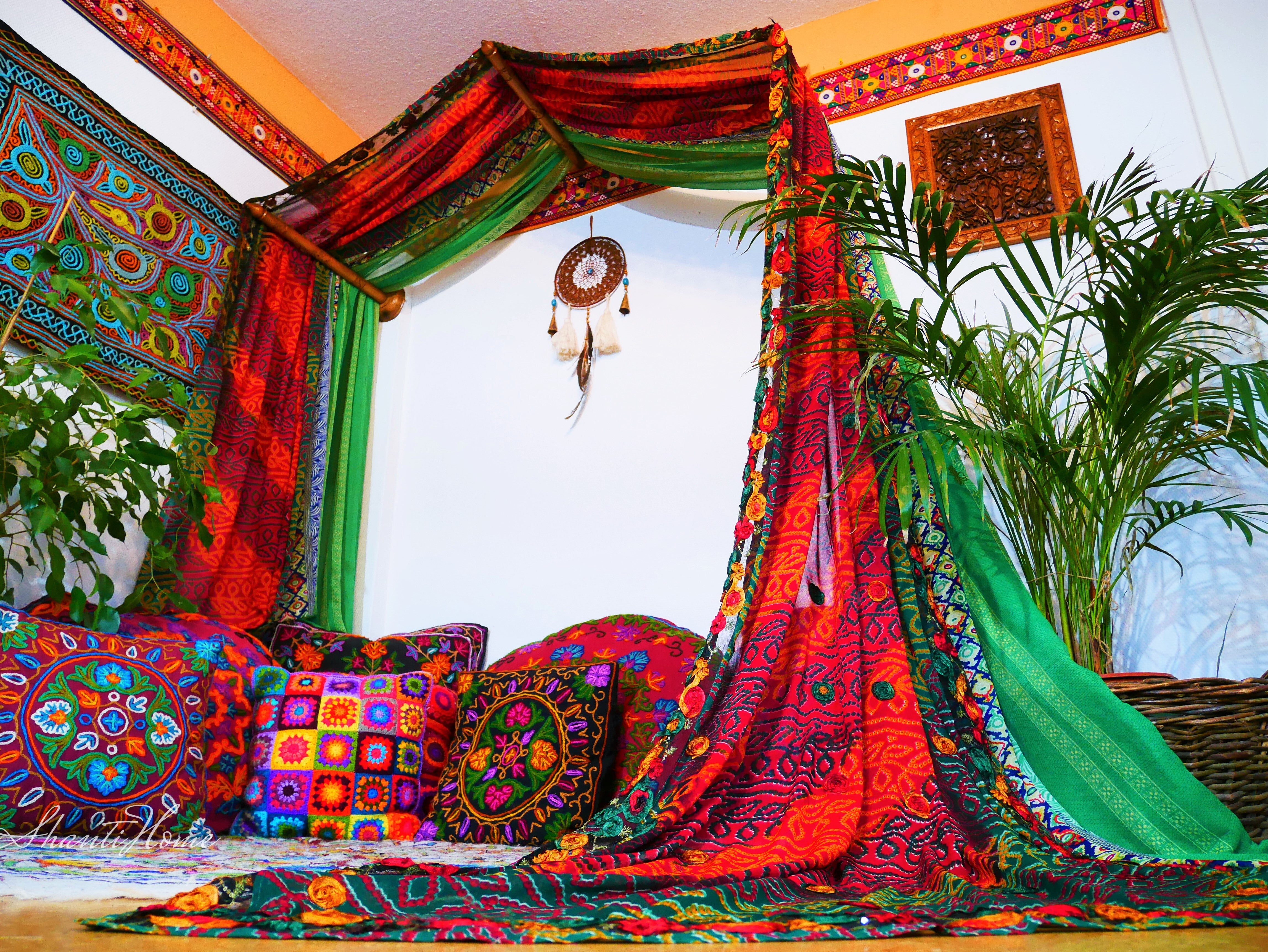 Saree Bed canopy - with handcrafted walnut wood rods and vintage Indian sarees - The Shanti Home