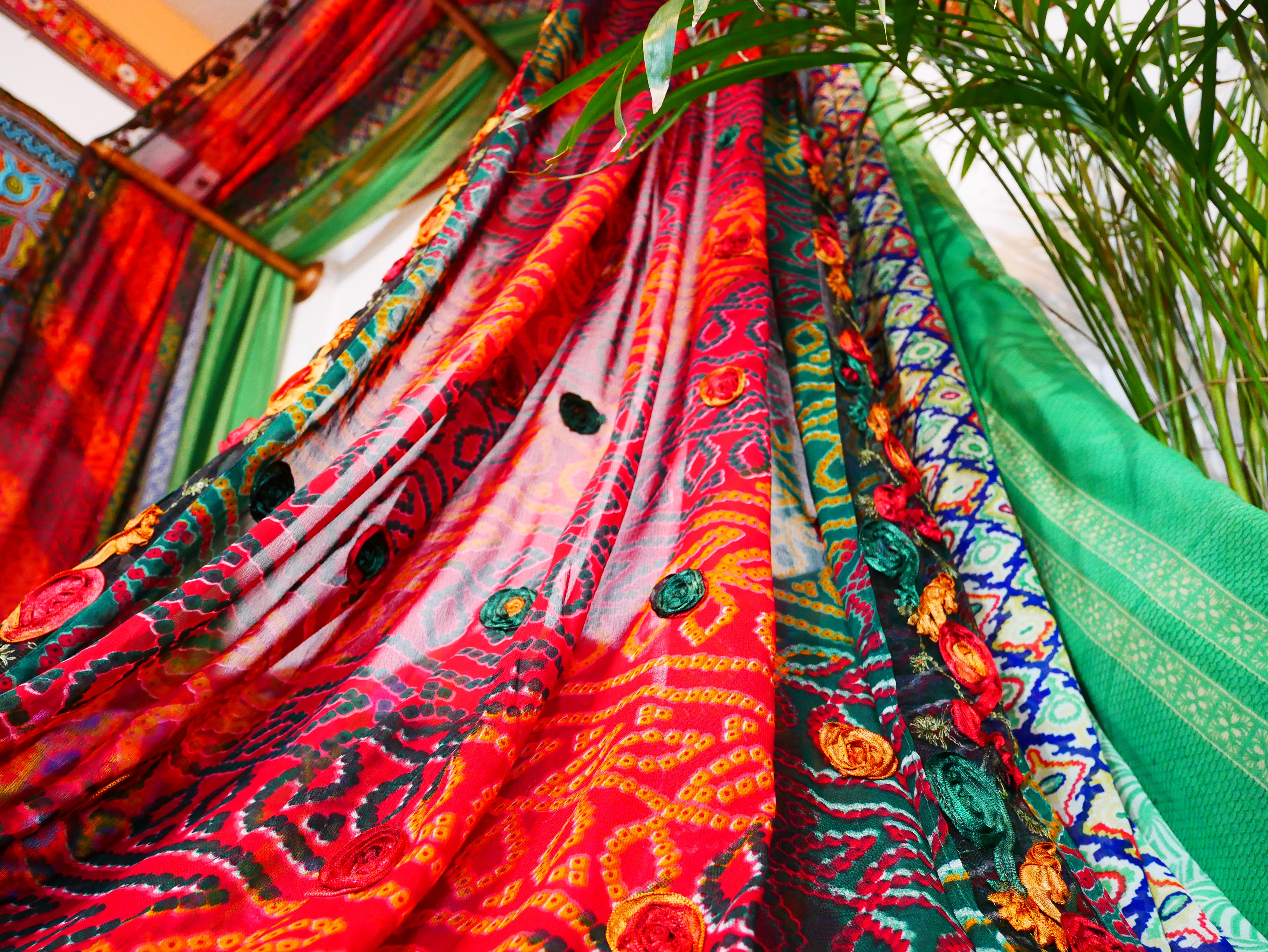 Saree Bed canopy - with handcrafted walnut wood rods and vintage Indian sarees - The Shanti Home