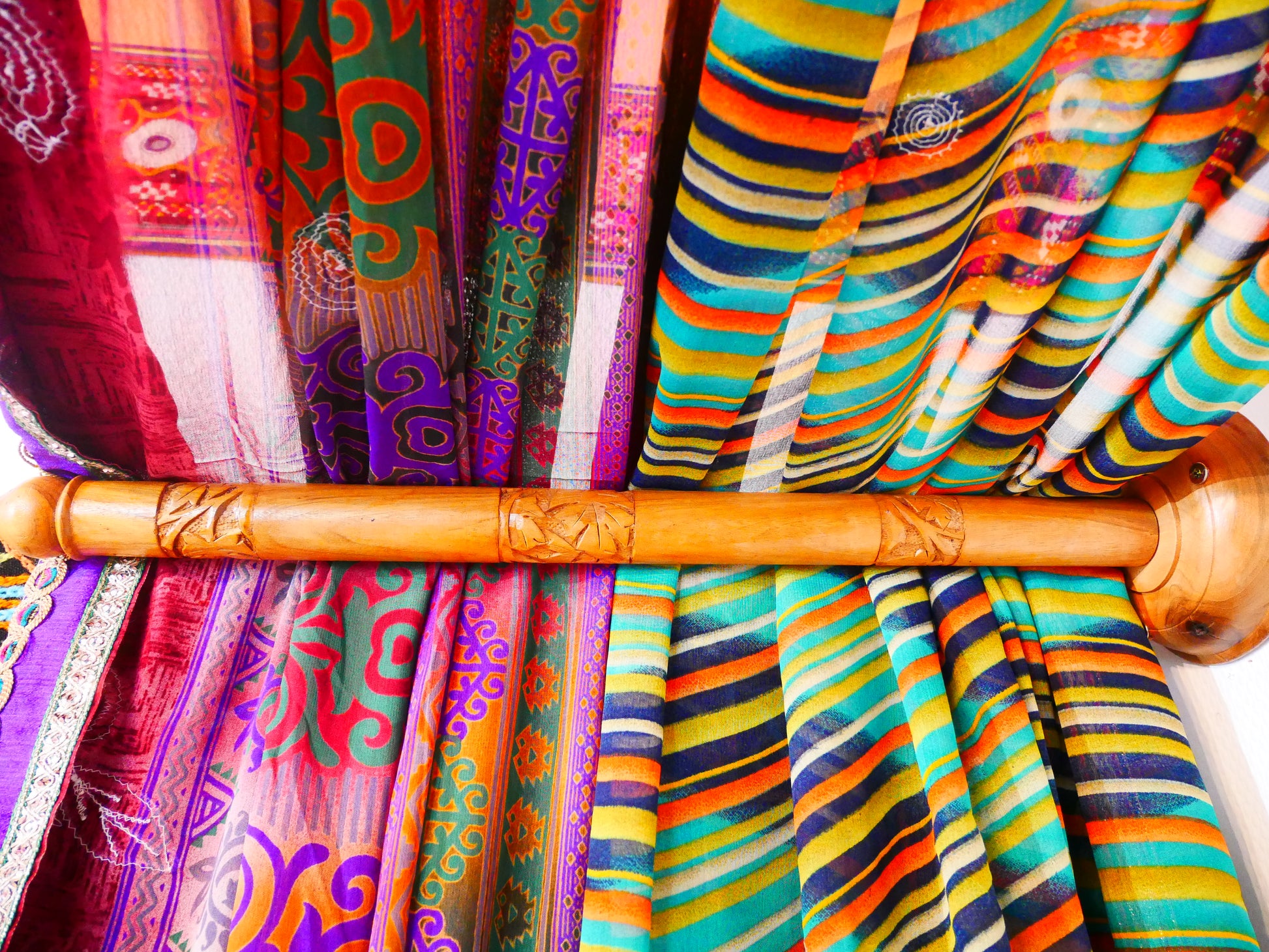 Colorful bed canopy - custom made saree canopy frame with handcrafted walnut wood rods | bed curtains - meditation space - The Shanti Home