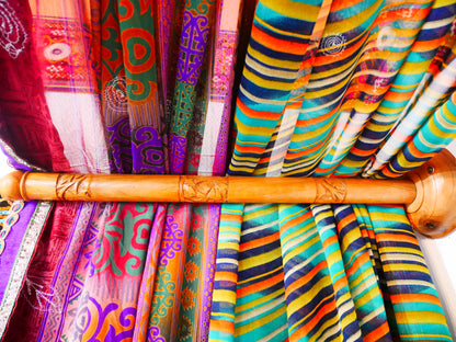Colorful bed canopy - custom made saree canopy frame with handcrafted walnut wood rods | bed curtains - meditation space - The Shanti Home