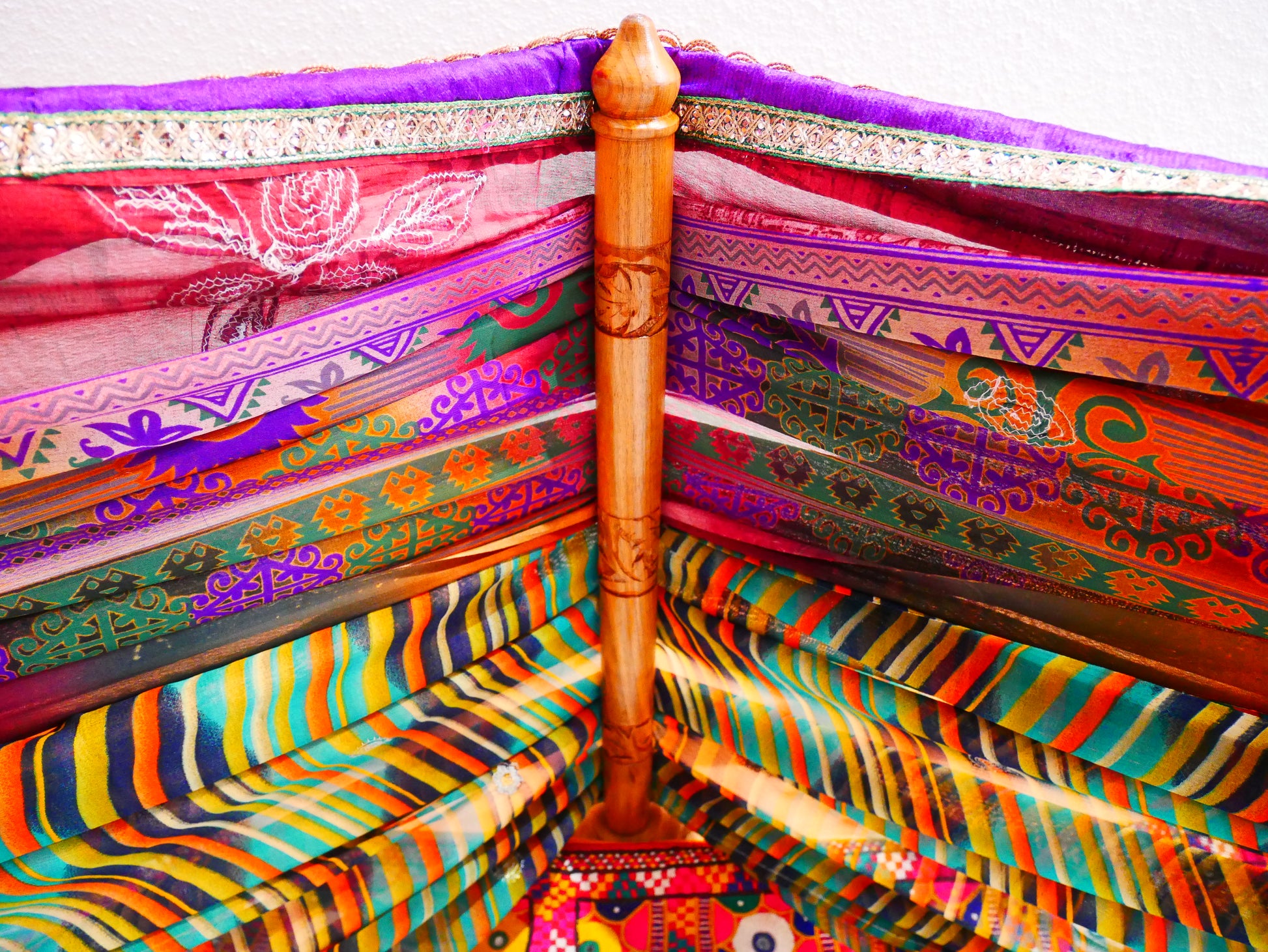 Colorful bed canopy - custom made saree canopy frame with handcrafted walnut wood rods | bed curtains - meditation space - The Shanti Home