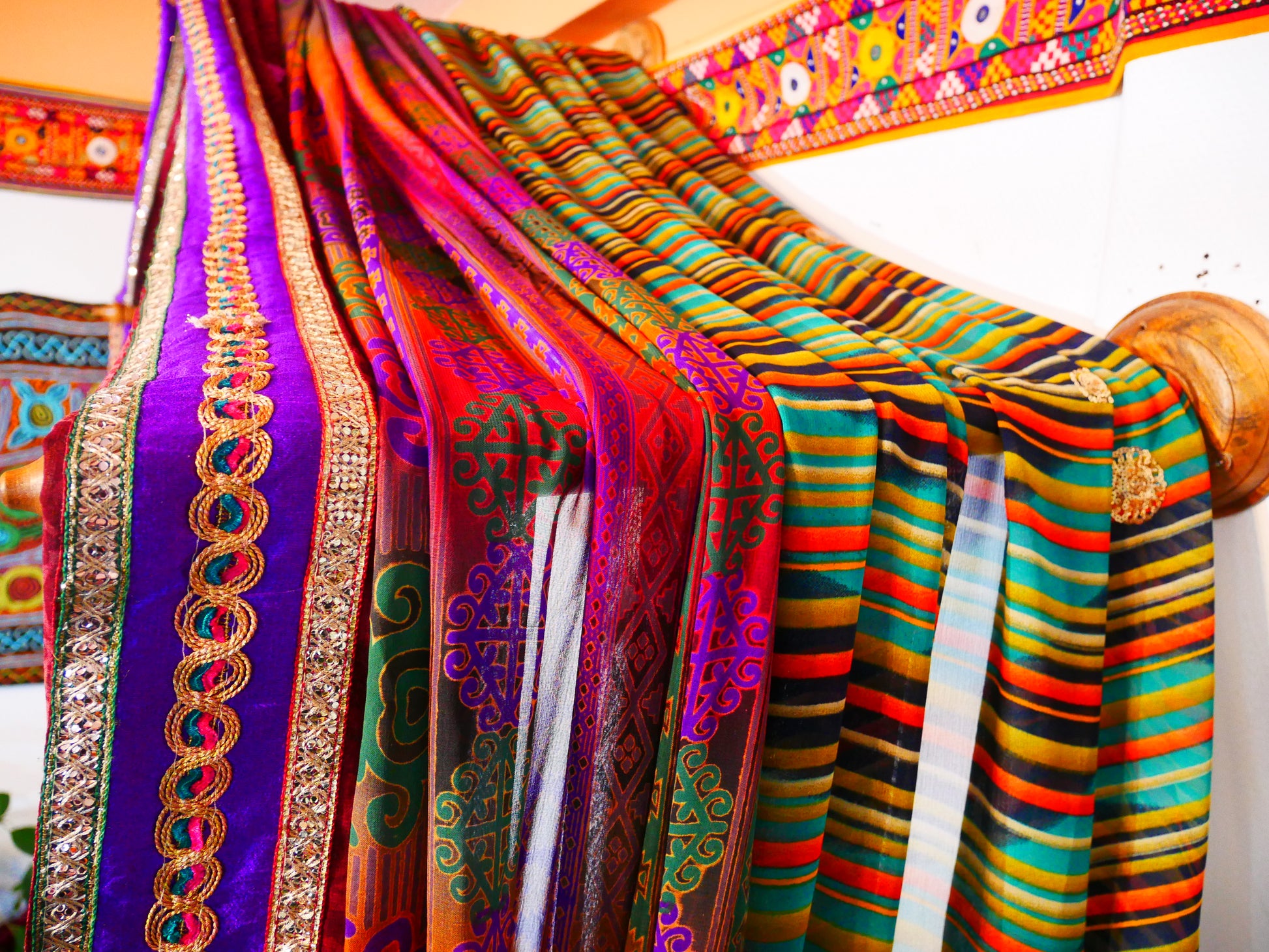 Colorful bed canopy - custom made saree canopy frame with handcrafted walnut wood rods | bed curtains - meditation space - The Shanti Home