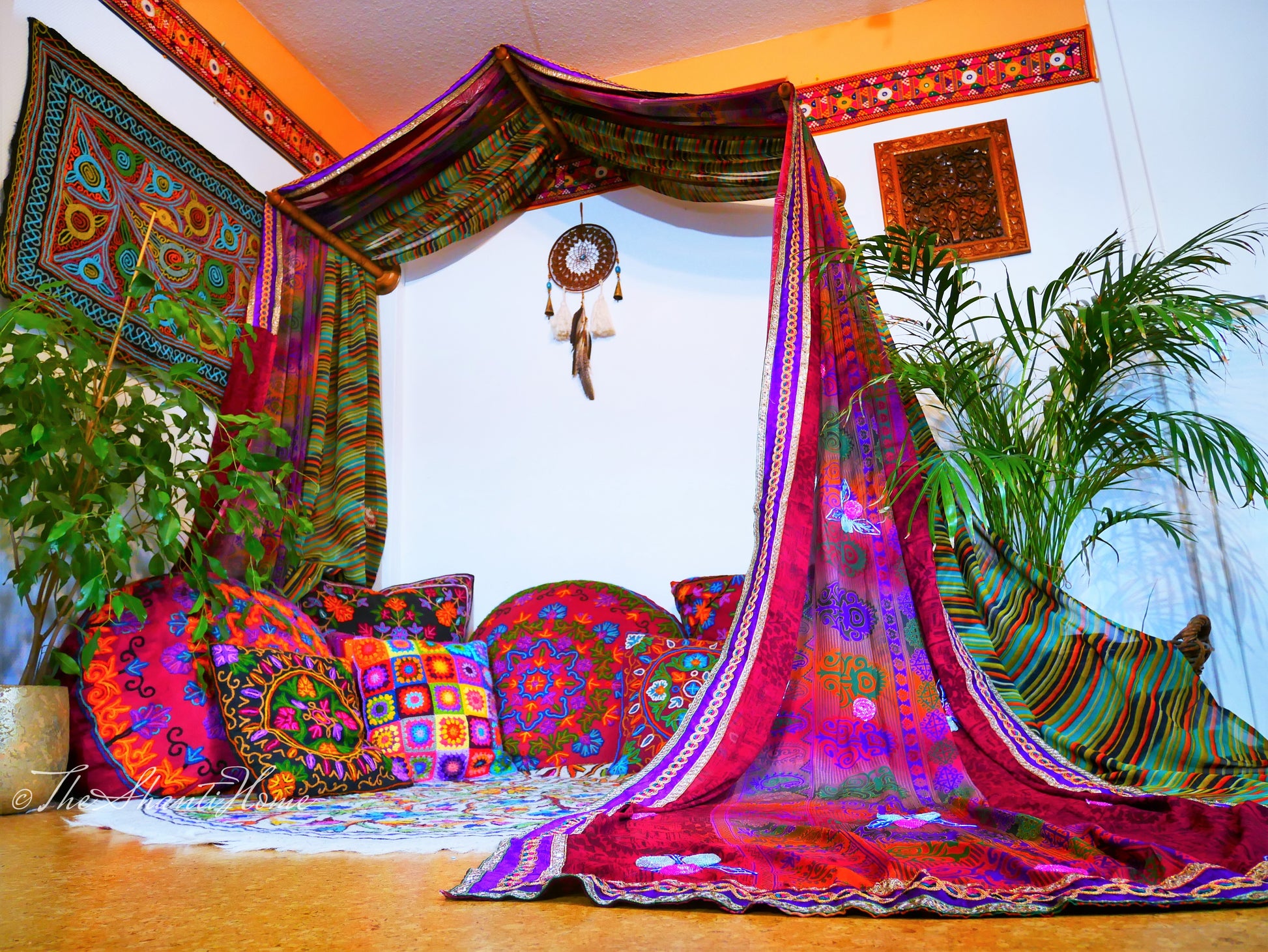 Colorful bed canopy - custom made saree canopy frame with handcrafted walnut wood rods | bed curtains - meditation space - The Shanti Home