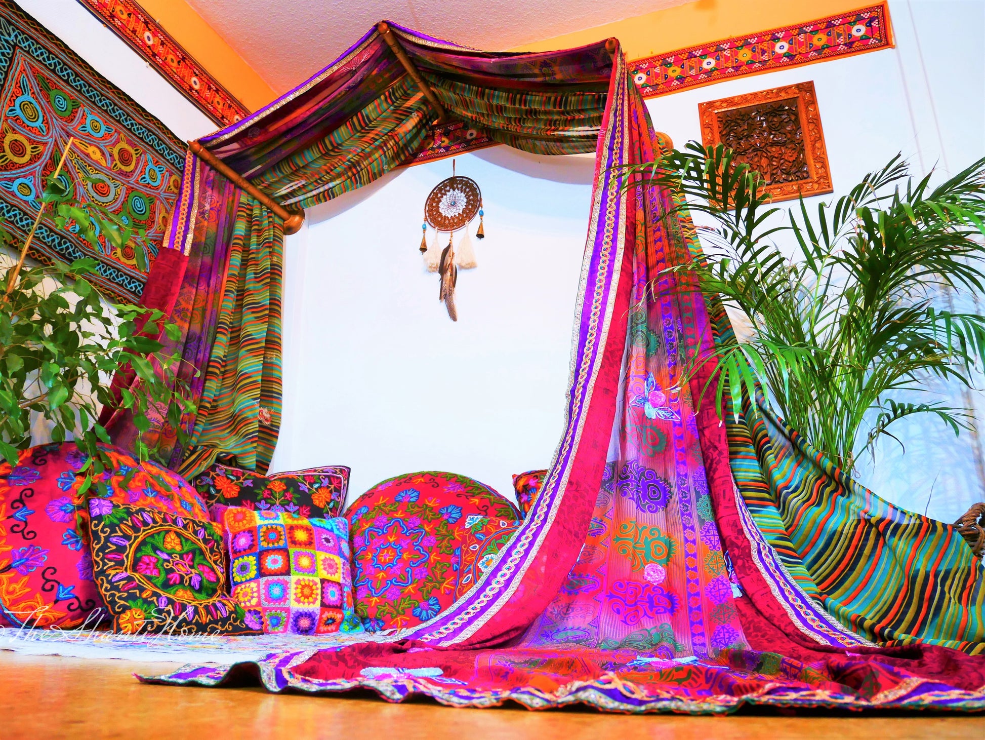 Colorful bed canopy - custom made saree canopy frame with handcrafted walnut wood rods | bed curtains - meditation space - The Shanti Home