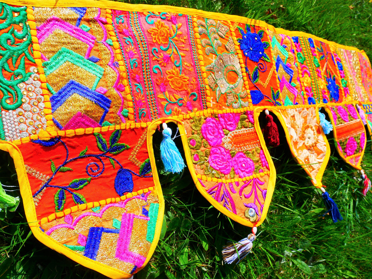 Handmade Indian Toran – colorful patchwork door hanging | Boho valance, hippie curtain & vibrant wall décor