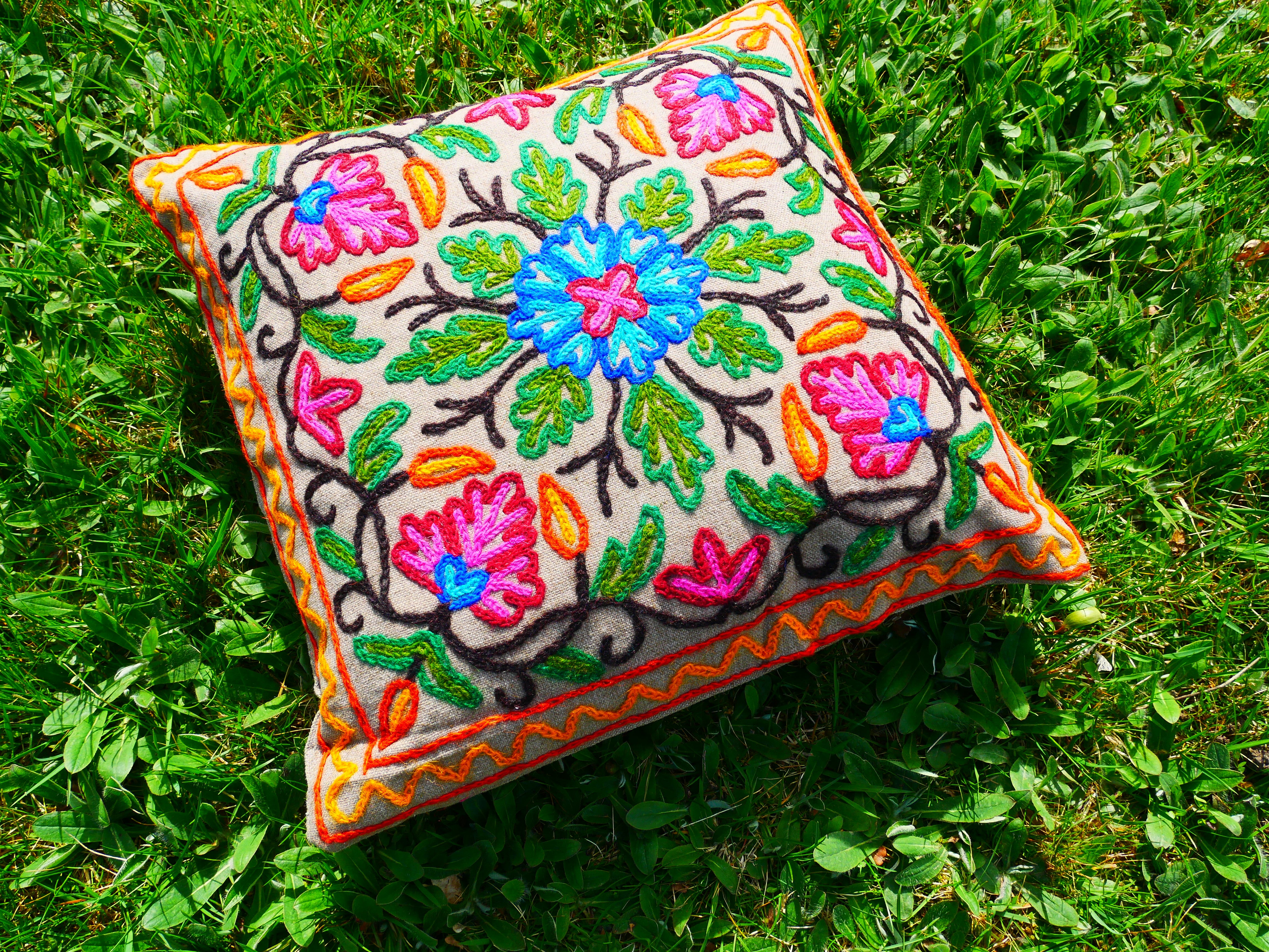 Colorful Kashmiri Crewel Pillow Covers: Handcrafted by Artisans  16x16 inches - The Shanti Home
