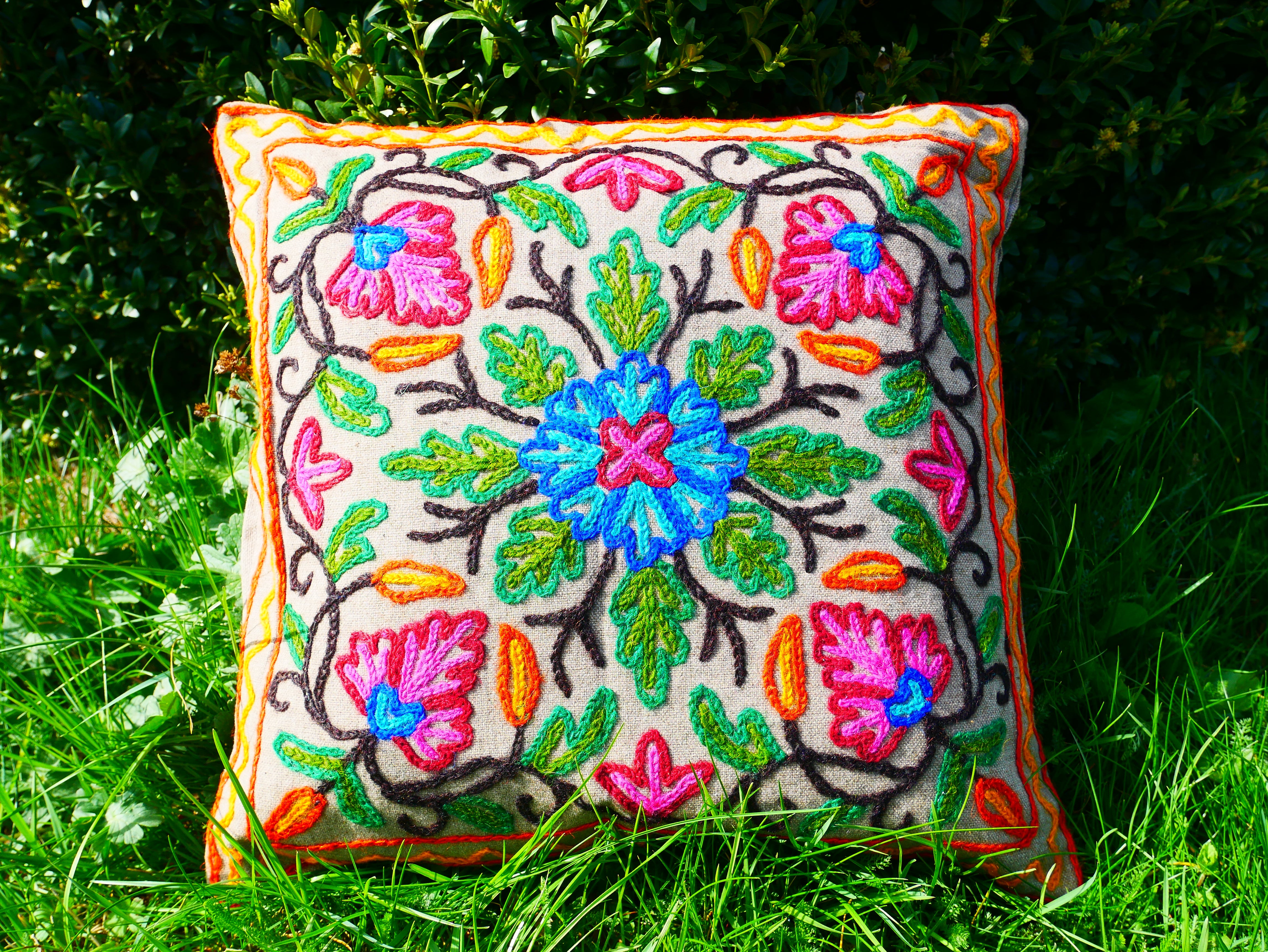 Colorful Kashmiri Crewel Pillow Covers: Handcrafted by Artisans  16x16 inches - The Shanti Home