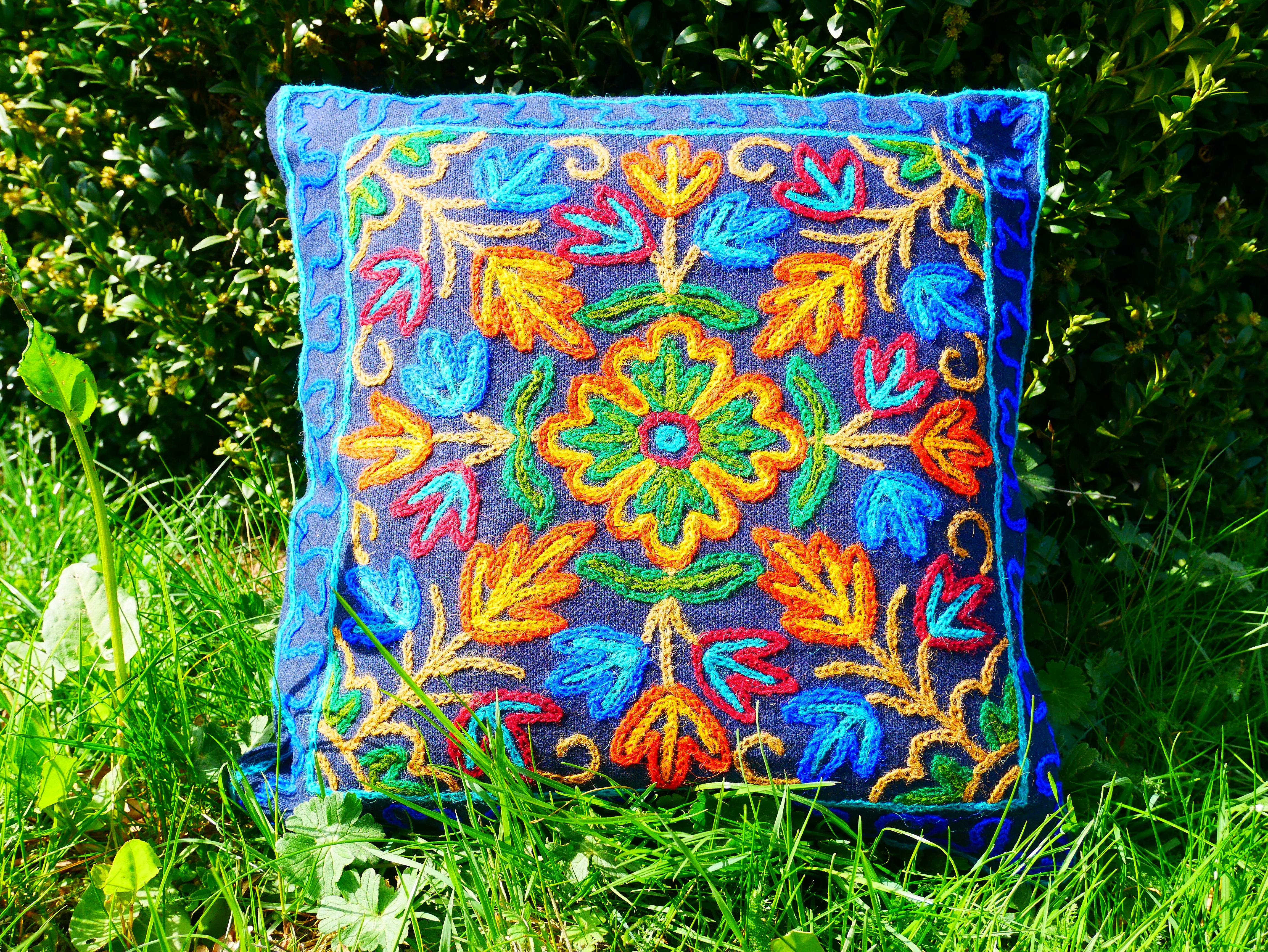 Colorful Kashmiri Crewel Pillow Covers: Handcrafted by Artisans  16x16 inches - The Shanti Home