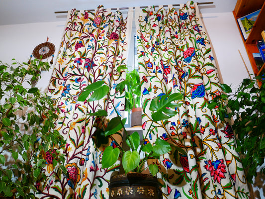 Kashmiri Embroidery curtain - Hand embroidered Flower curtains - cotton and wool bedroom curtain- Boho curtain