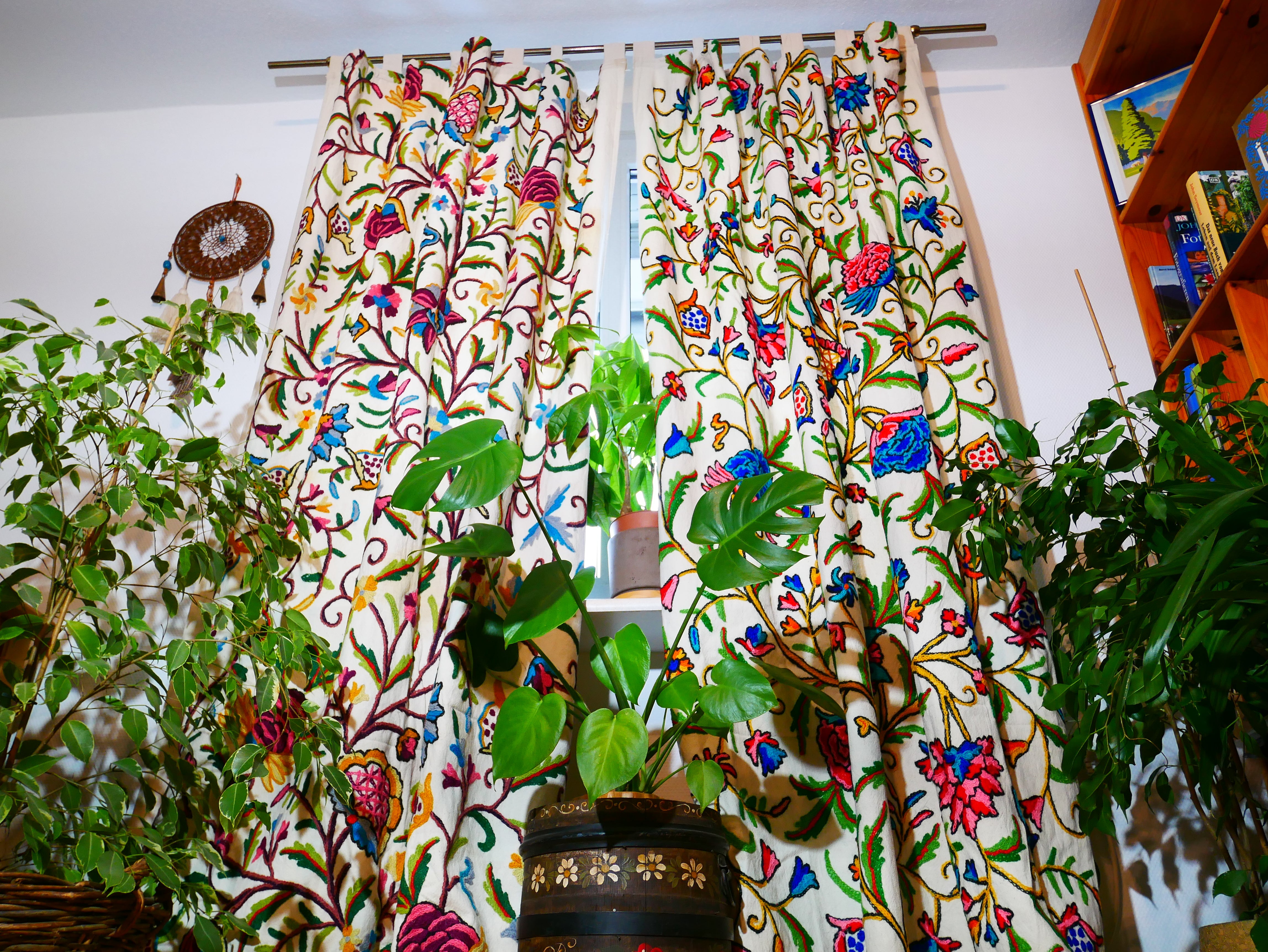 Cortina bordada de Cachemira - Cortinas de flores bordadas a mano - Cortina de dormitorio de algodón y lana - Cortina bohemia