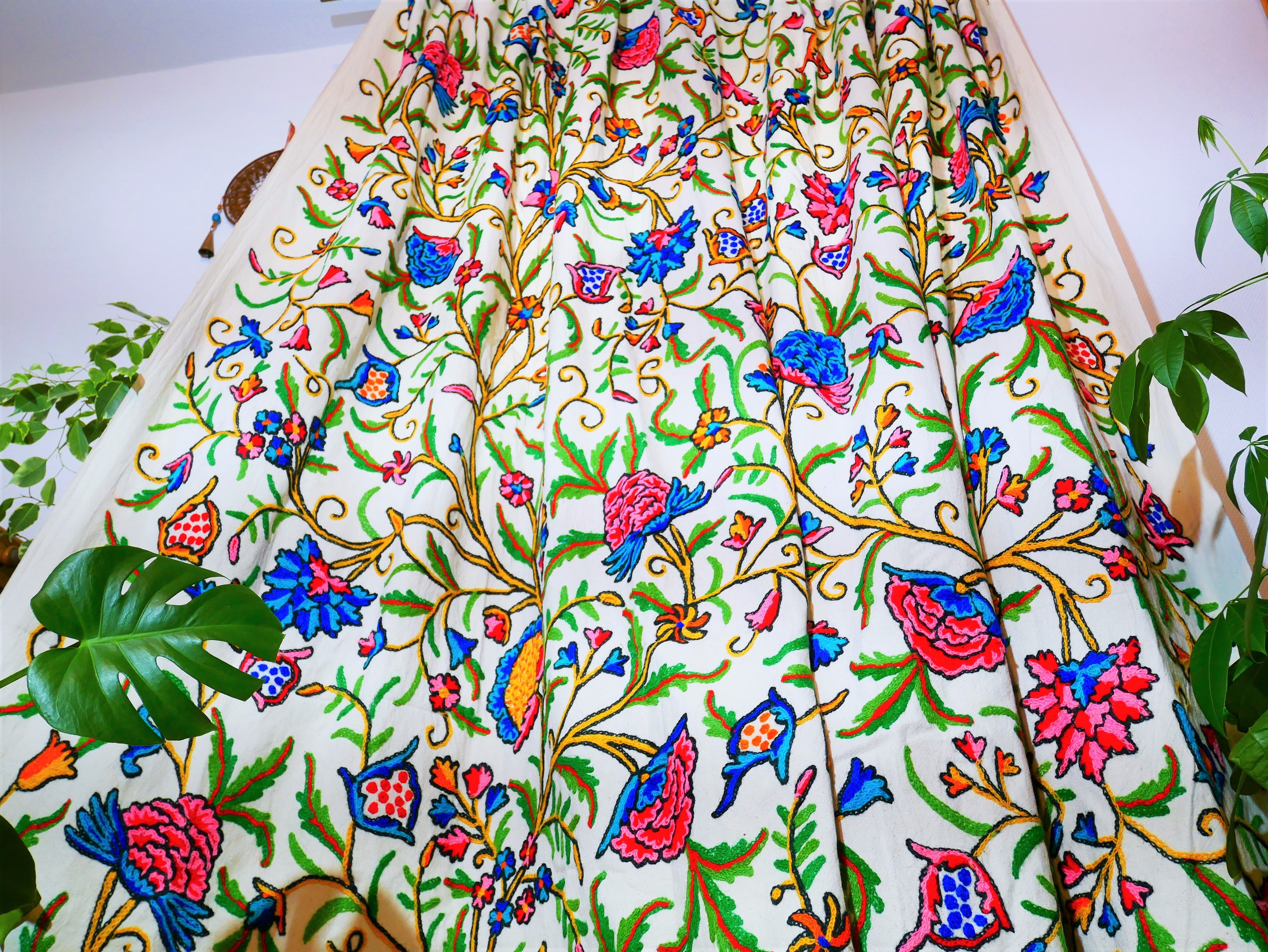 Cortina bordada de Cachemira - Cortinas de flores bordadas a mano - Cortina de dormitorio de algodón y lana - Cortina bohemia