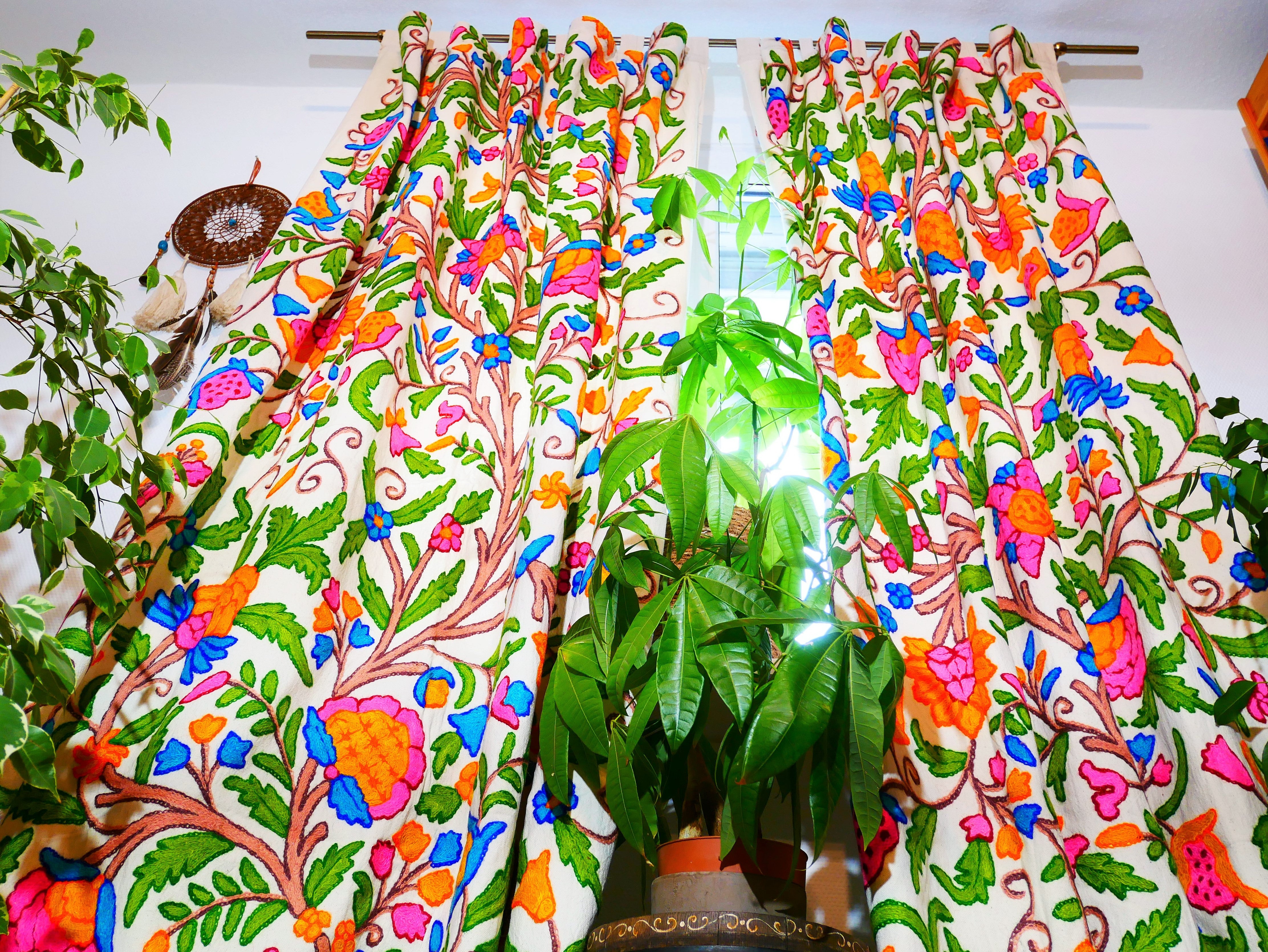 Amazing Embroidery curtain - Hand embroidered Flower curtains - Kashmiri cotton and wool bedroom curtain- Boho Blackout curtain - The Shanti Home