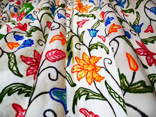 Hand embroidered fabric by the yard, Kashmiri crewel curtain panels - home decor fabric from Kashmir | crewel handmade textile heavy weight