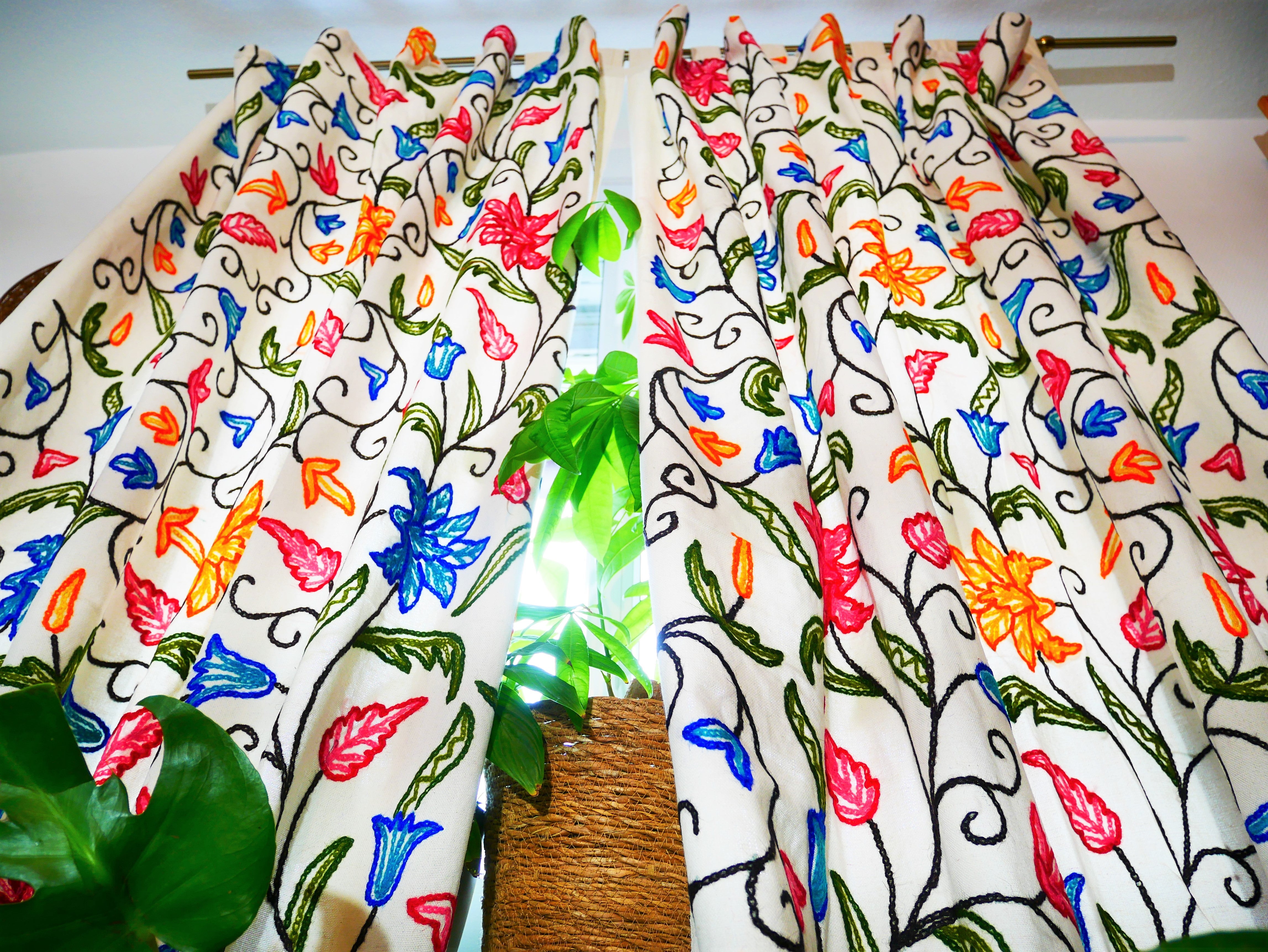 Panel de cortina bordado de Cachemira - Cortina de flores bordada a mano de algodón y lana para dormitorio - Cortina opaca estilo bohemio