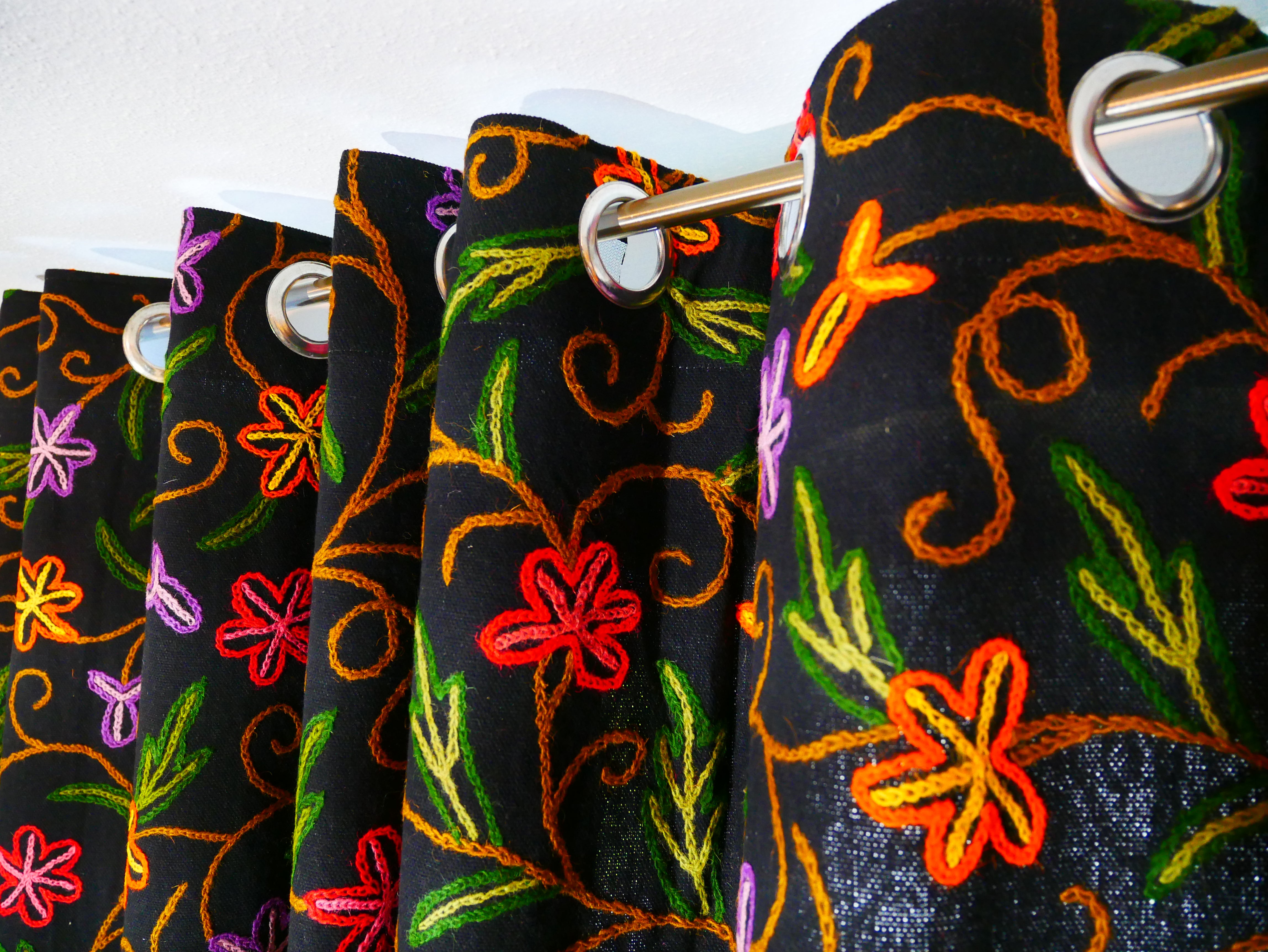 Amazing Embroidery curtain panel - Hand embroidered Flower curtain - Kashmiri cotton and wool bedroom curtain- Boho Blackout curtain - The Shanti Home