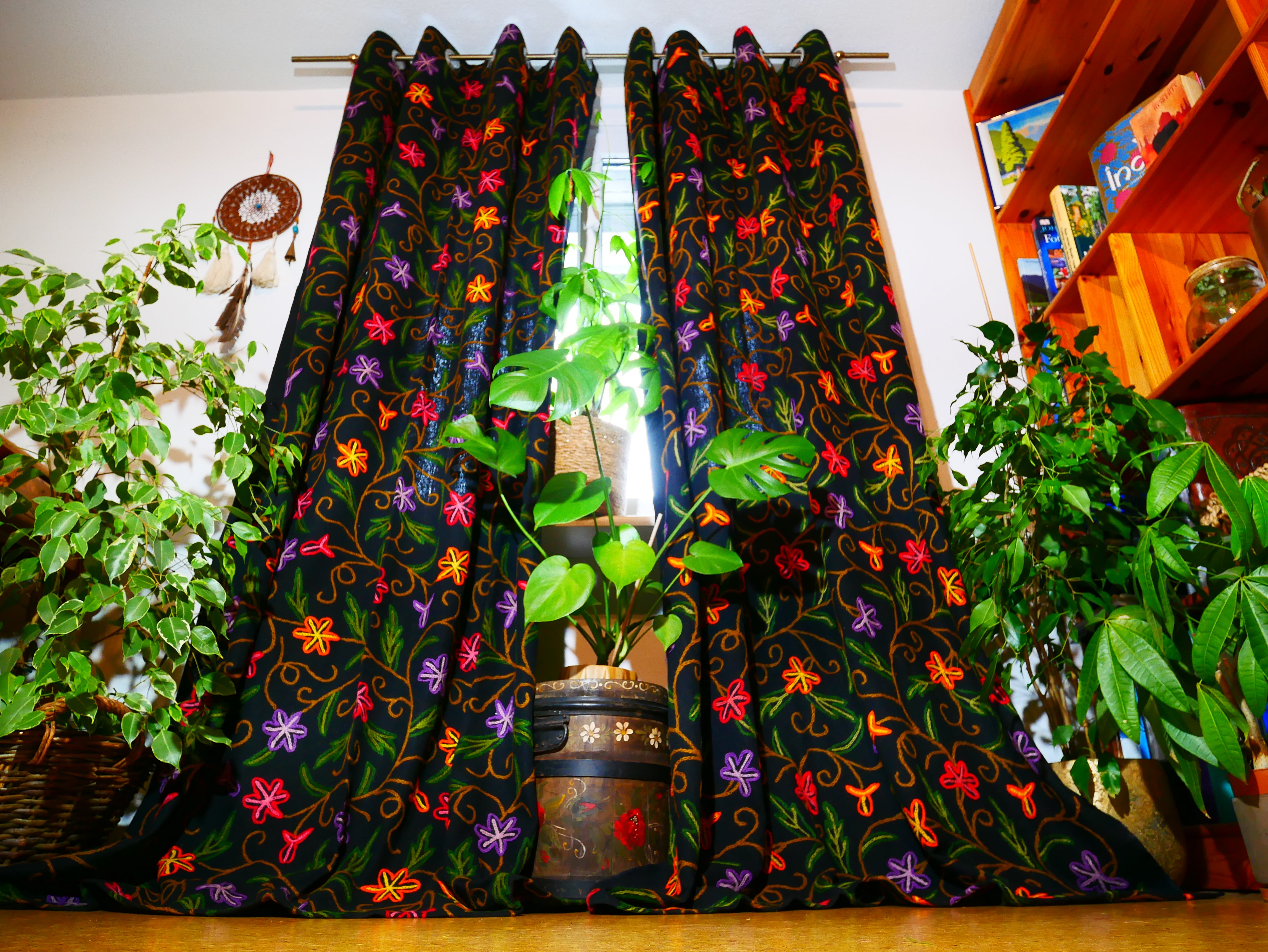 Amazing Embroidery curtain panel - Hand embroidered Flower curtain - Kashmiri cotton and wool bedroom curtain- Boho Blackout curtain - The Shanti Home