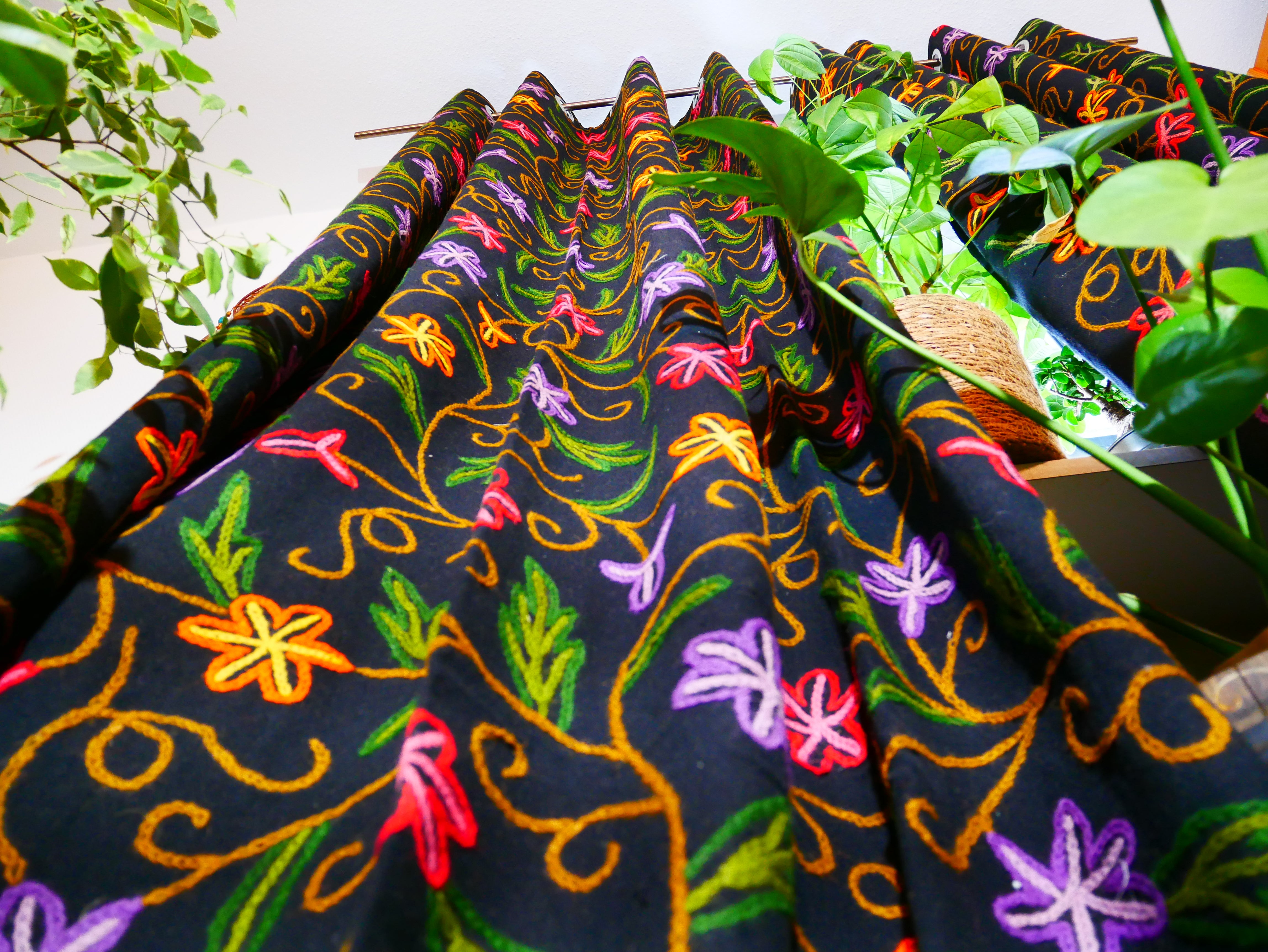 Amazing Embroidery curtain panel - Hand embroidered Flower curtain - Kashmiri cotton and wool bedroom curtain- Boho Blackout curtain - The Shanti Home