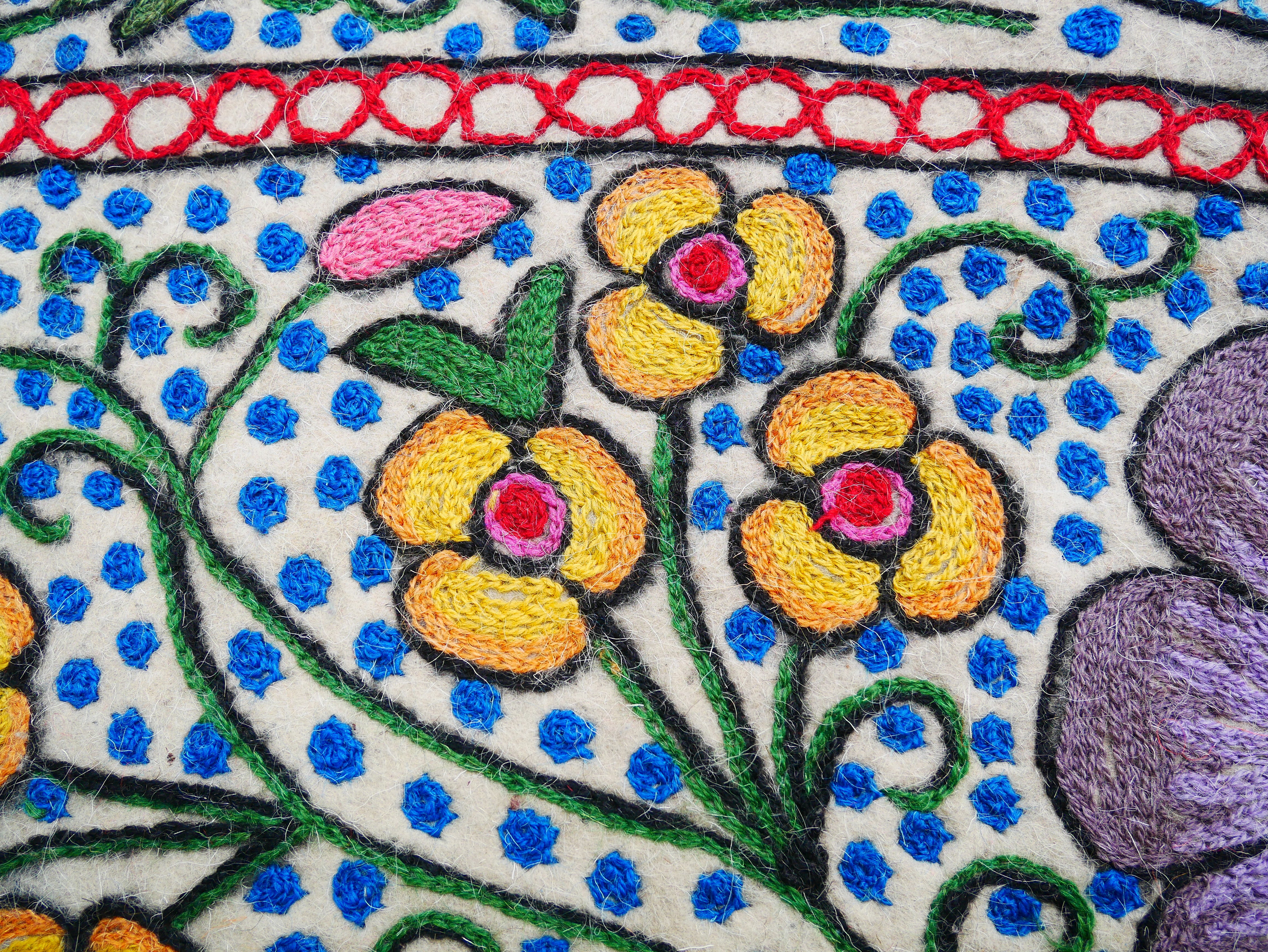 Felted wool rug "Himalayan flower" | colorful area rug "Namda" from Kashmir | floral embroidery on white 6x4 ' felt rug | bohemian - boho - The Shanti Home