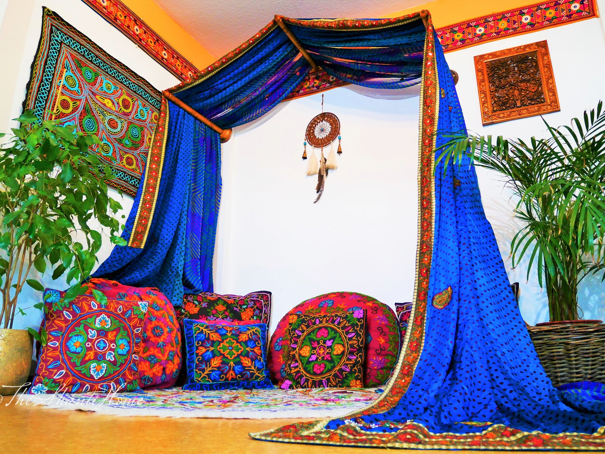 Boho bed canopy - custom made saree canopy frame with handcrafted walnut wood rods | bed curtains - meditation space - The Shanti Home