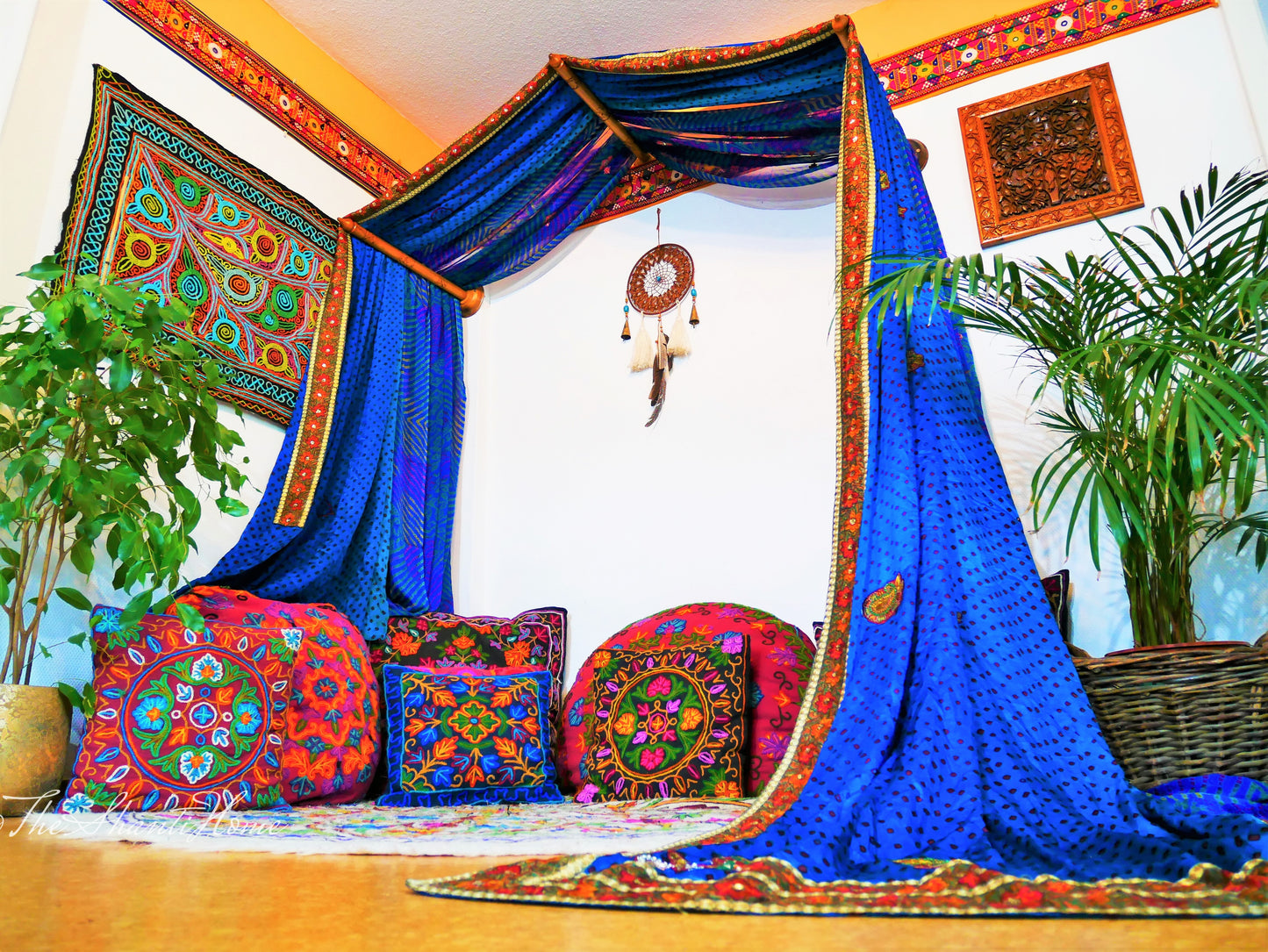 Boho bed canopy - custom made saree canopy frame with handcrafted walnut wood rods | bed curtains - meditation space - The Shanti Home