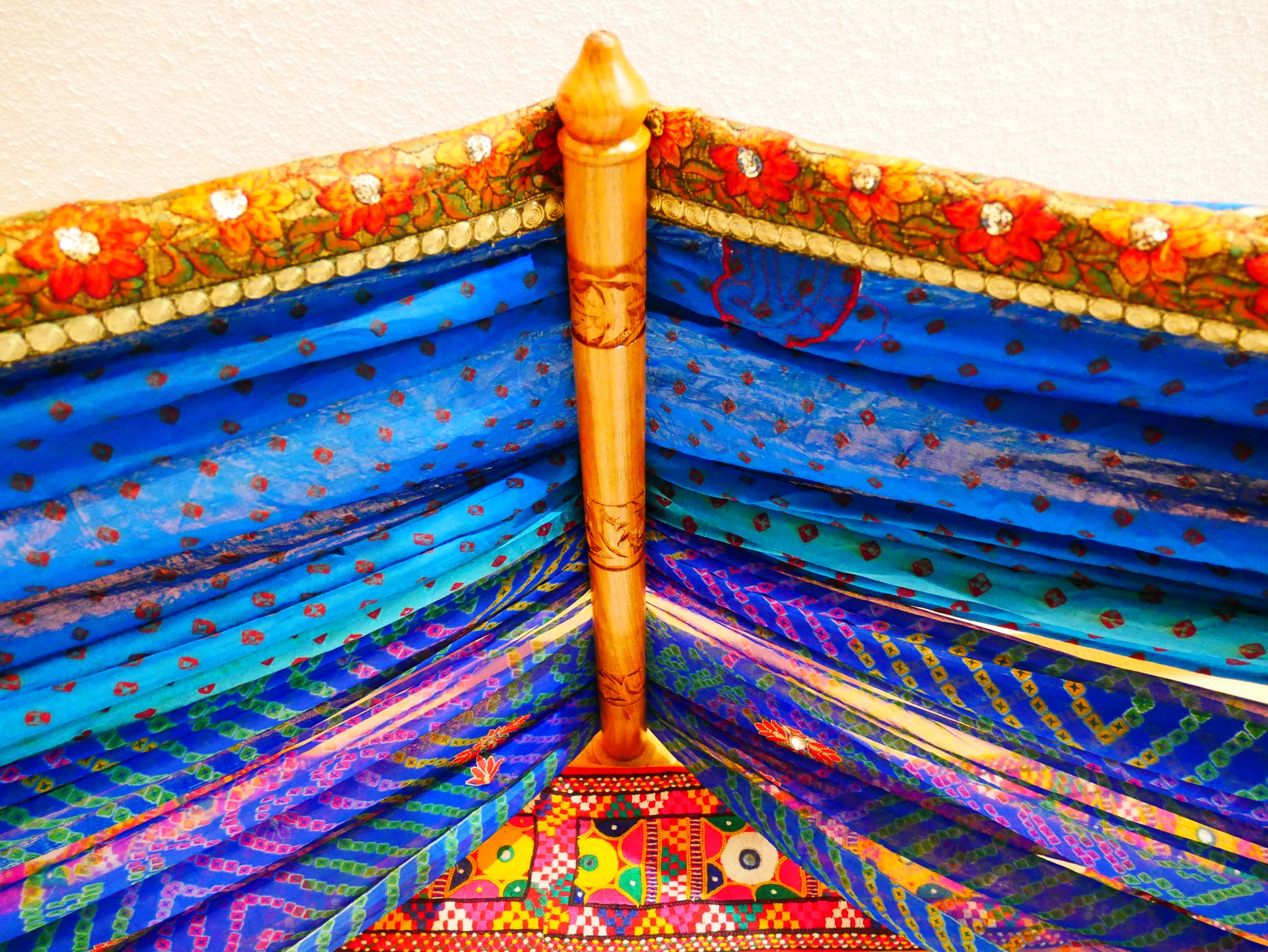 Boho bed canopy - custom made saree canopy frame with handcrafted walnut wood rods | bed curtains - meditation space - The Shanti Home