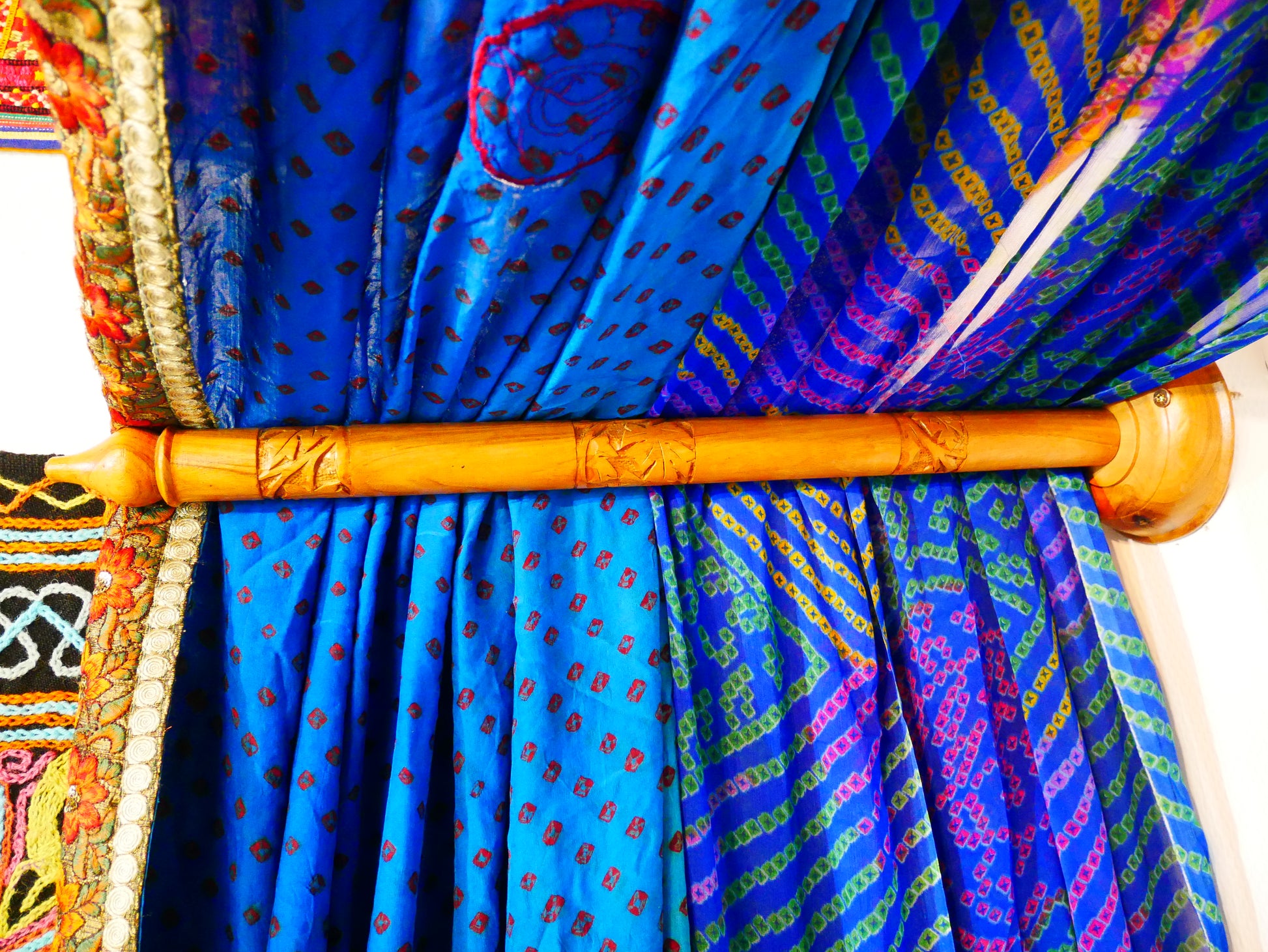 Boho bed canopy - custom made saree canopy frame with handcrafted walnut wood rods | bed curtains - meditation space - The Shanti Home