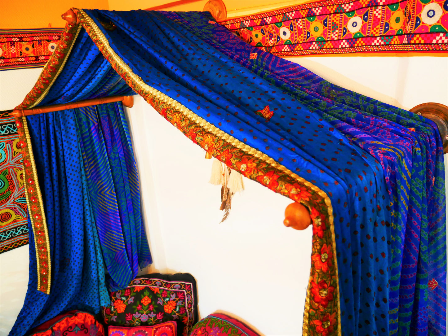 Boho bed canopy - custom made saree canopy frame with handcrafted walnut wood rods | bed curtains - meditation space - The Shanti Home