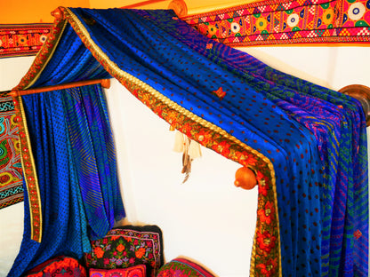 Boho bed canopy - custom made saree canopy frame with handcrafted walnut wood rods | bed curtains - meditation space - The Shanti Home