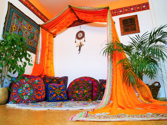 Boho bed canopy - custom made saree canopy frame with handcrafted walnut wood rods | bed curtains - meditation space