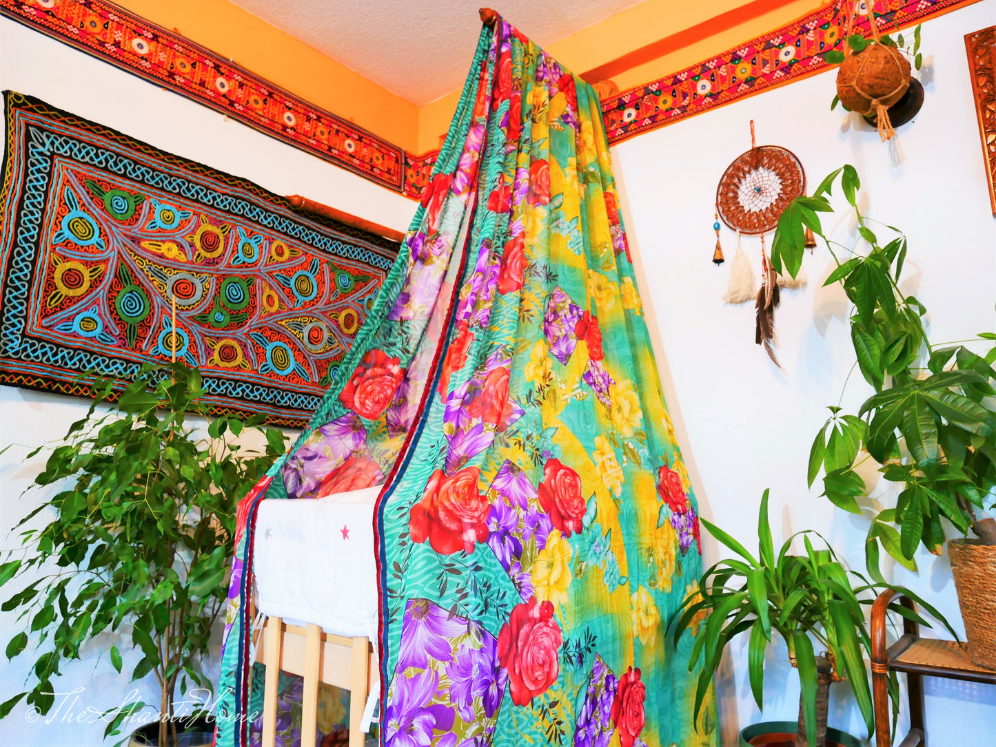 Baby Bed Canopy Kashmiri Crib Canopy Set Colorful Indian Saree Bed Curtain with Hand-Carved Walnut Curtain Rod Hippie Style Nursery Decor Baldachin - The Shanti Home
