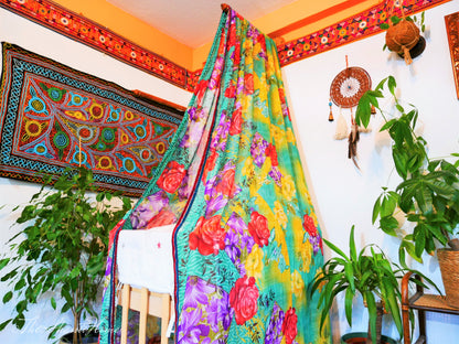 Baby Bed Canopy Kashmiri Crib Canopy Set Colorful Indian Saree Bed Curtain with Hand-Carved Walnut Curtain Rod Hippie Style Nursery Decor Baldachin - The Shanti Home