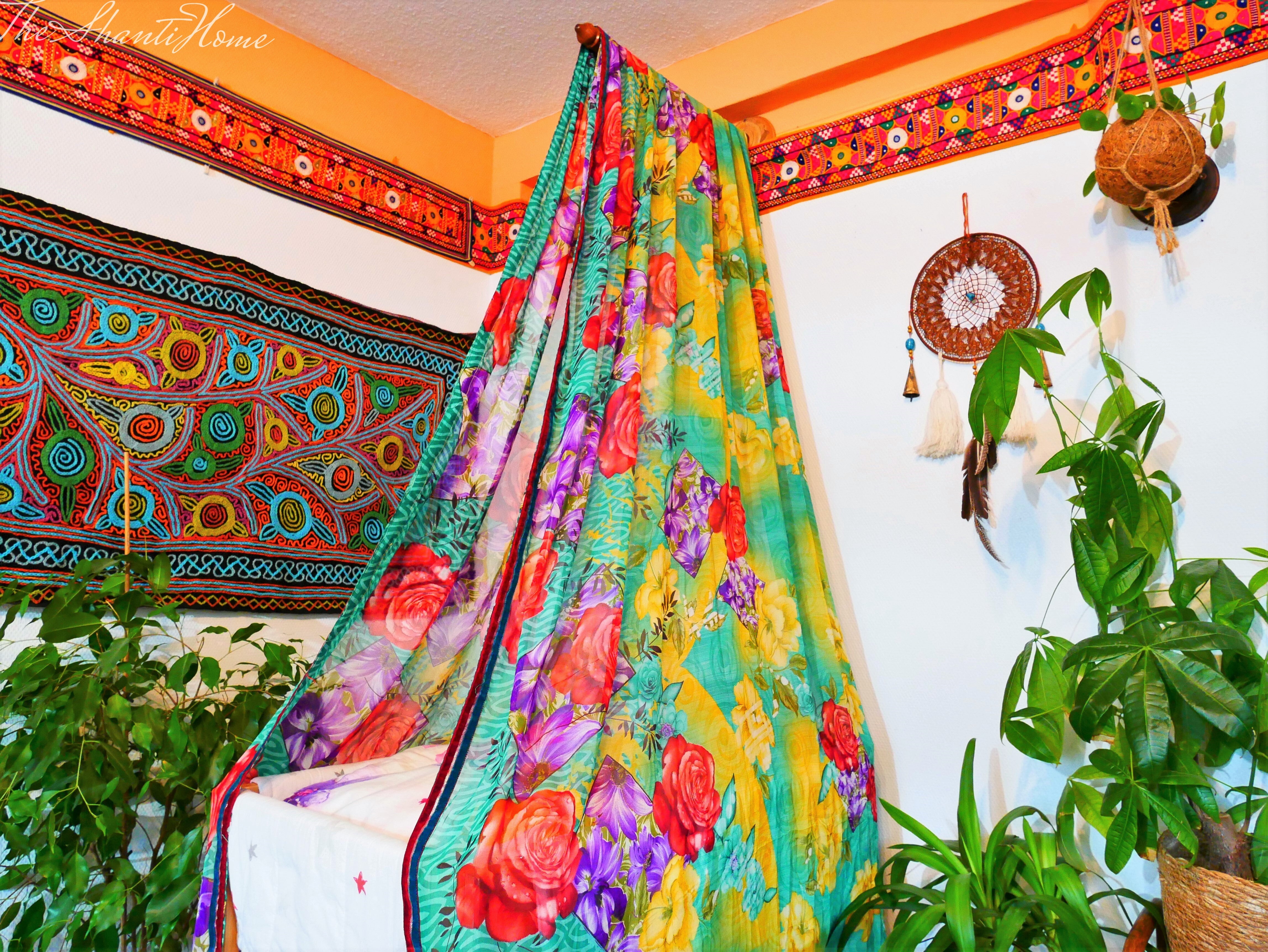 Baby Bed Canopy Kashmiri Crib Canopy Set Colorful Indian Saree Bed Curtain with Hand-Carved Walnut Curtain Rod Hippie Style Nursery Decor Baldachin - The Shanti Home