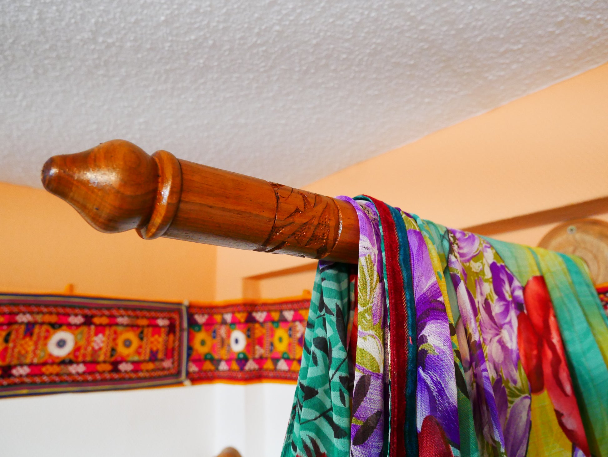 Baby Bed Canopy Kashmiri Crib Canopy Set Colorful Indian Saree Bed Curtain with Hand-Carved Walnut Curtain Rod Hippie Style Nursery Decor Baldachin - The Shanti Home