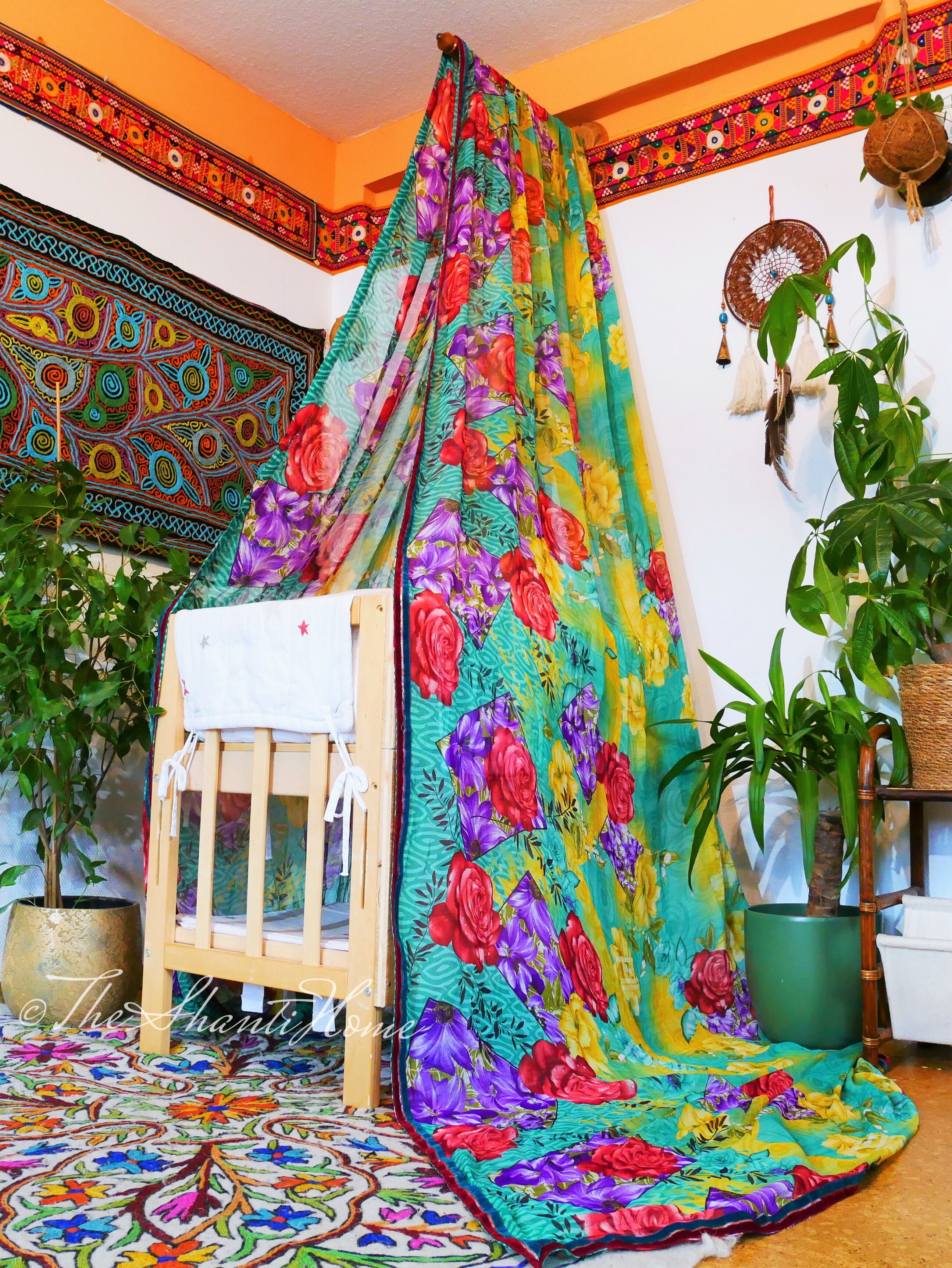 Baby Bed Canopy Kashmiri Crib Canopy Set Colorful Indian Saree Bed Curtain with Hand-Carved Walnut Curtain Rod Hippie Style Nursery Decor Baldachin - The Shanti Home