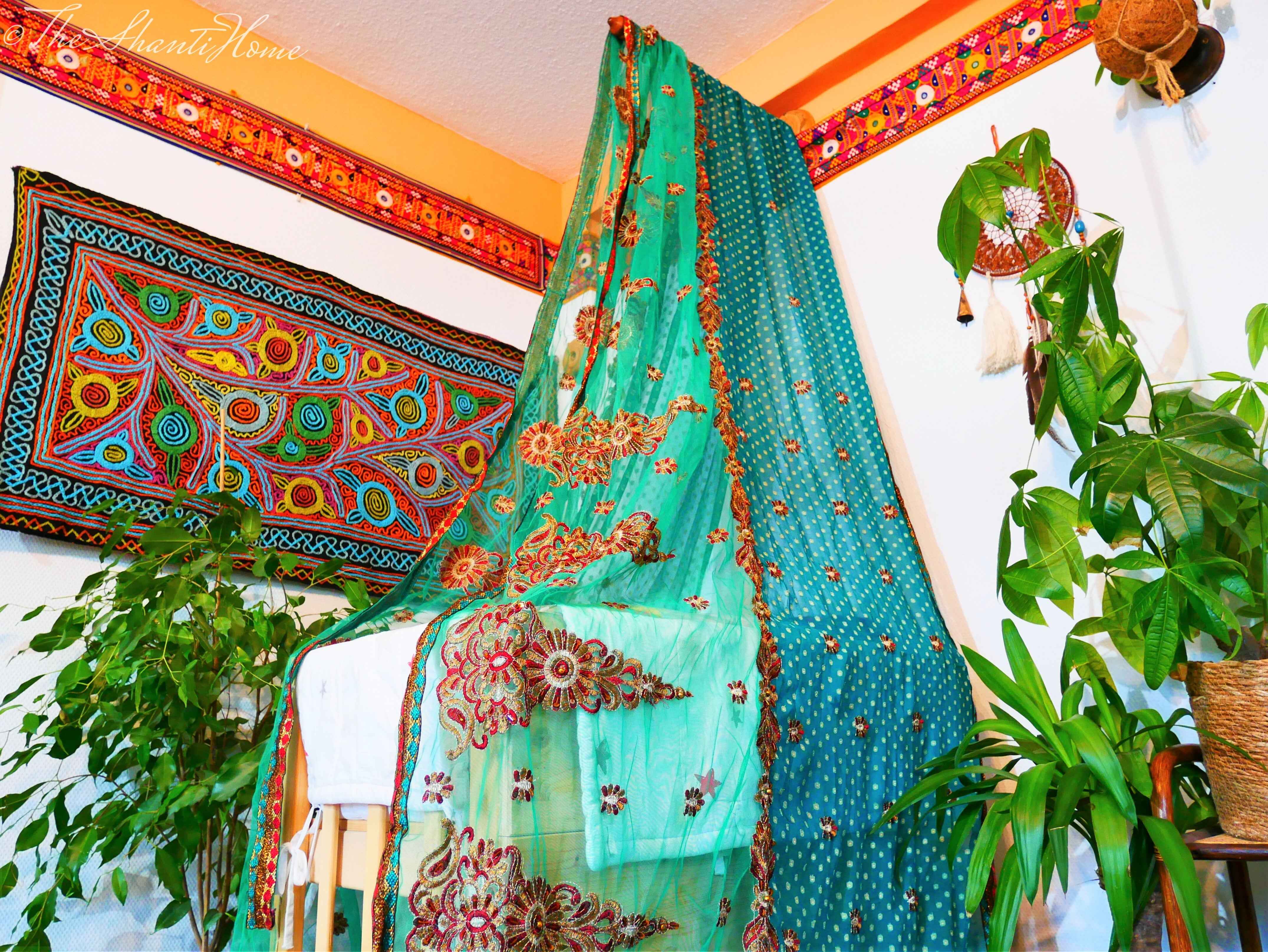 Baby Bed Canopy Kashmiri Crib Canopy Set Colorful Indian Saree Bed Curtain with Hand-Carved Walnut Curtain Rod Hippie Style Nursery Decor Baldachin - The Shanti Home