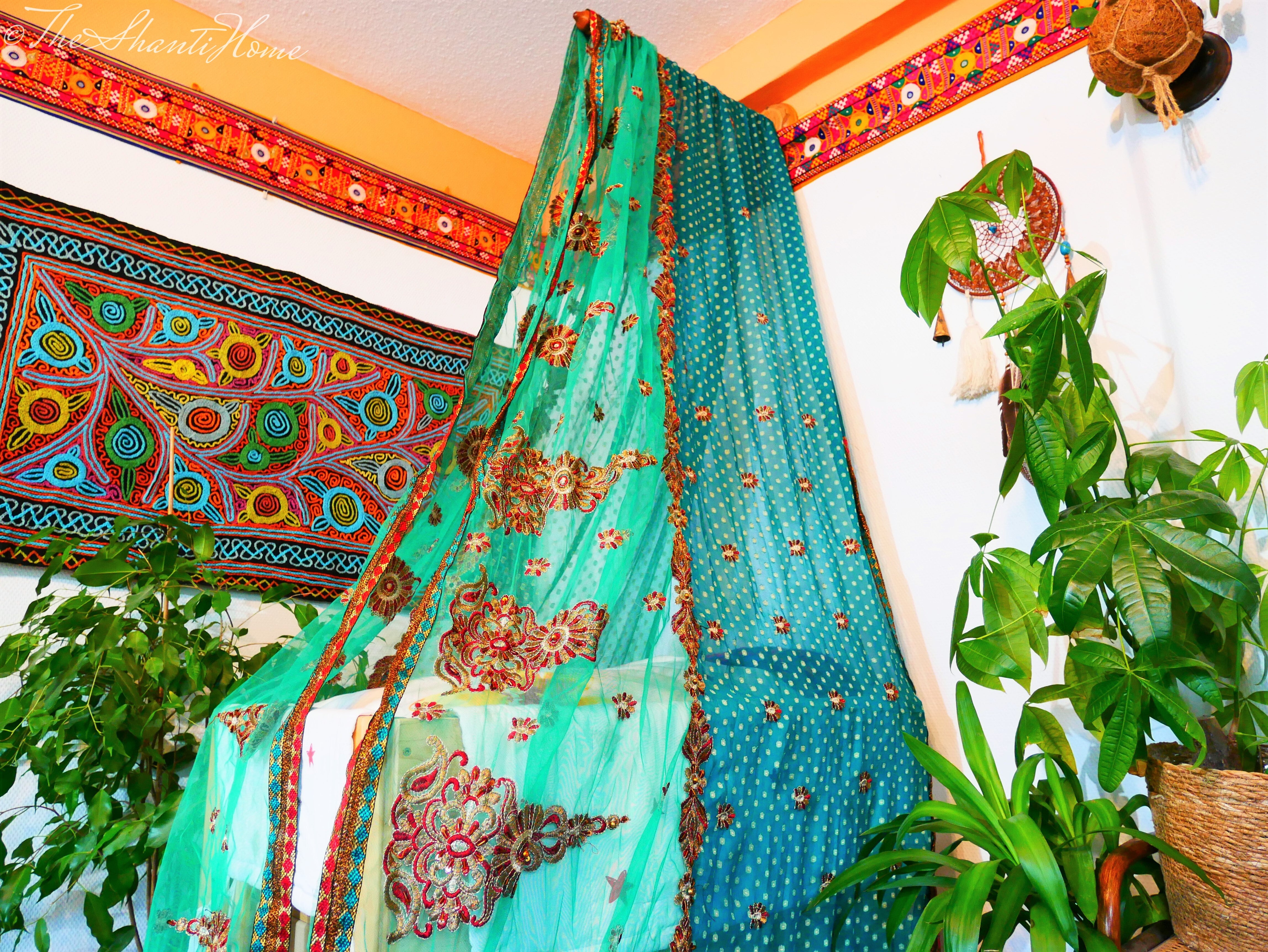 Baby Bed Canopy Kashmiri Crib Canopy Set Colorful Indian Saree Bed Curtain with Hand-Carved Walnut Curtain Rod Hippie Style Nursery Decor Baldachin - The Shanti Home