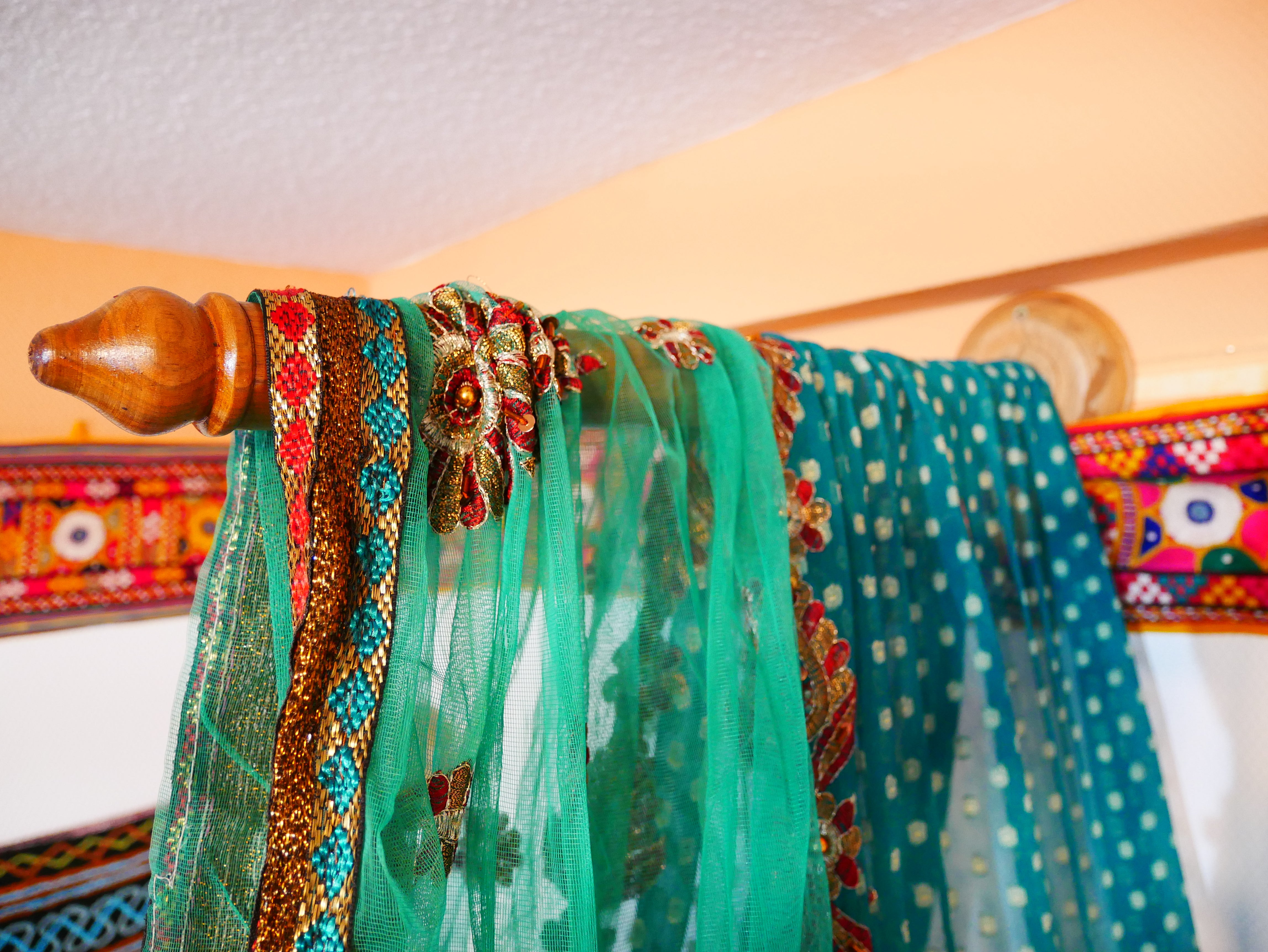 Baby Bed Canopy Kashmiri Crib Canopy Set Colorful Indian Saree Bed Curtain with Hand-Carved Walnut Curtain Rod Hippie Style Nursery Decor Baldachin - The Shanti Home