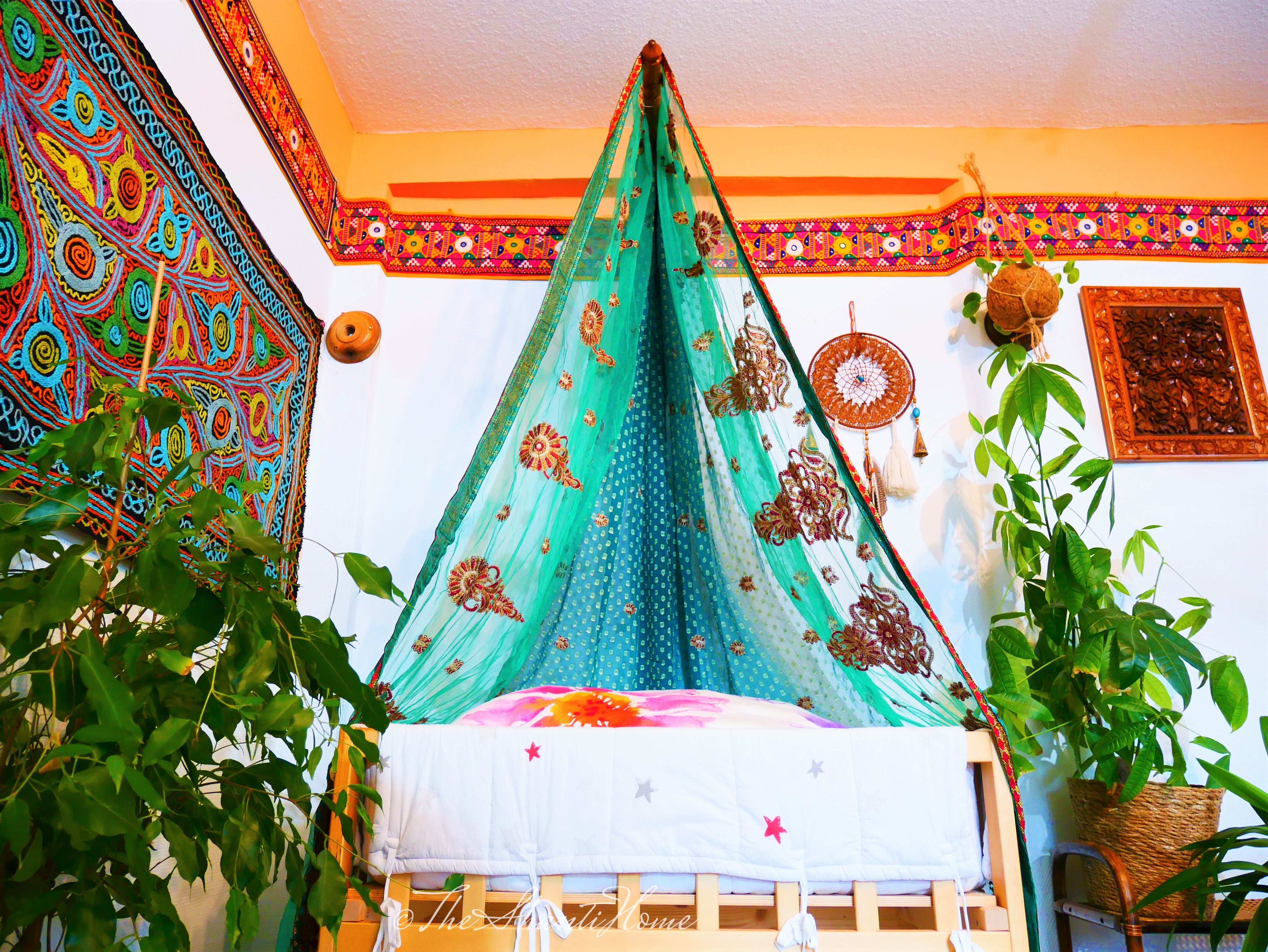 Baby Bed Canopy Kashmiri Crib Canopy Set Colorful Indian Saree Bed Curtain with Hand-Carved Walnut Curtain Rod Hippie Style Nursery Decor Baldachin - The Shanti Home