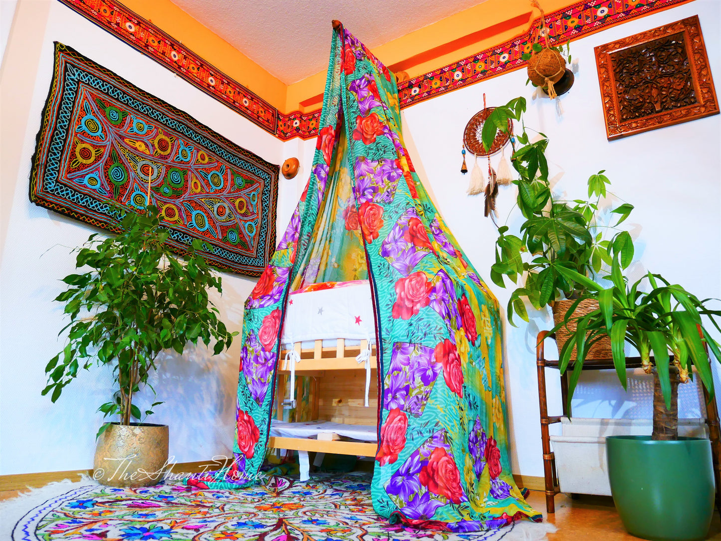 Baby Bed Canopy Kashmiri Crib Canopy Set Colorful Indian Saree Bed Curtain with Hand-Carved Walnut Curtain Rod Hippie Style Nursery Decor Baldachin - The Shanti Home