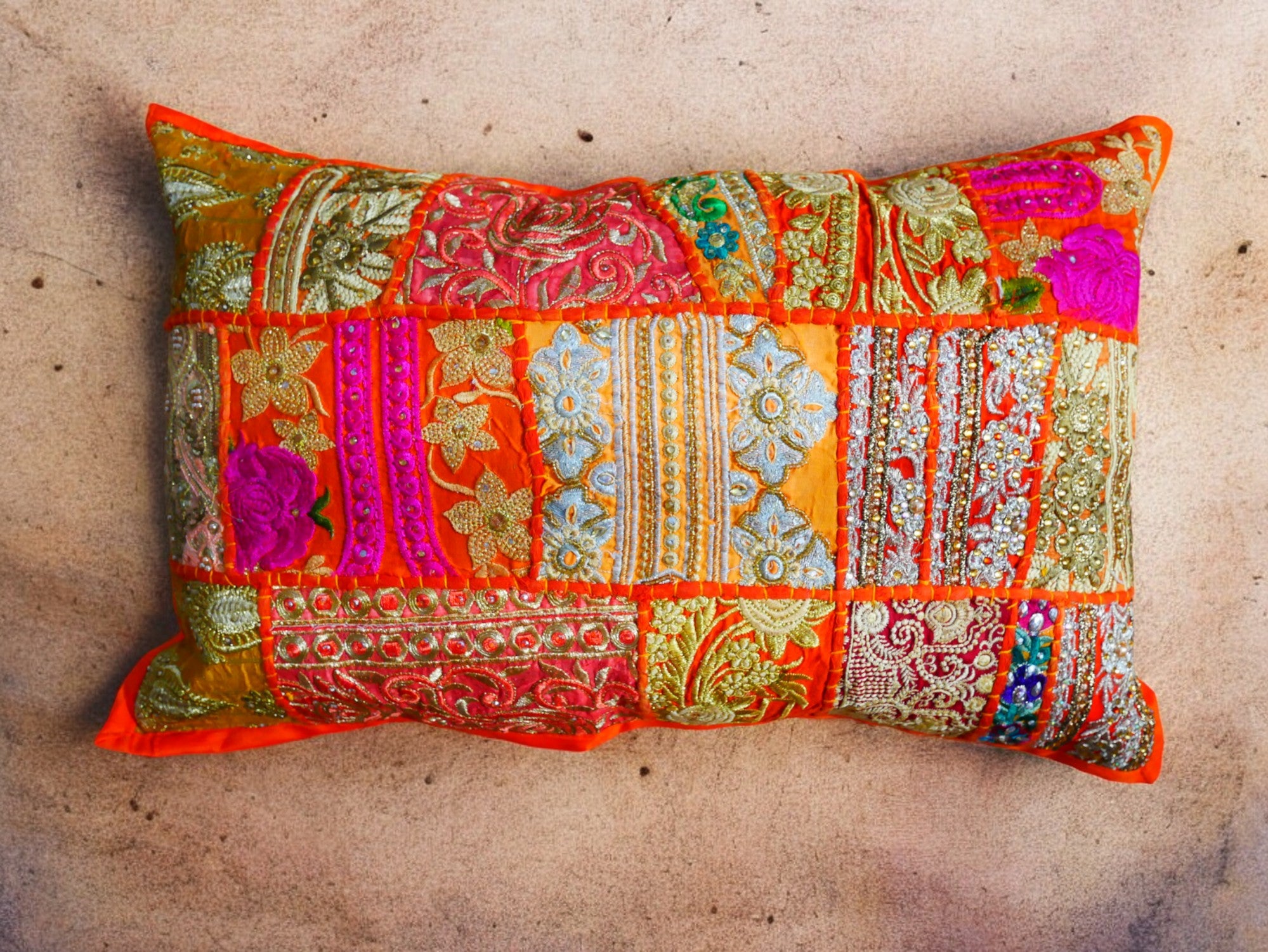 Orange throw pillow - Indian patchwork cushion cover hippie chic | colorful, decorative pillow case for bohemian decor | patchwork pillow hippie cushion COVER - The Shanti Home