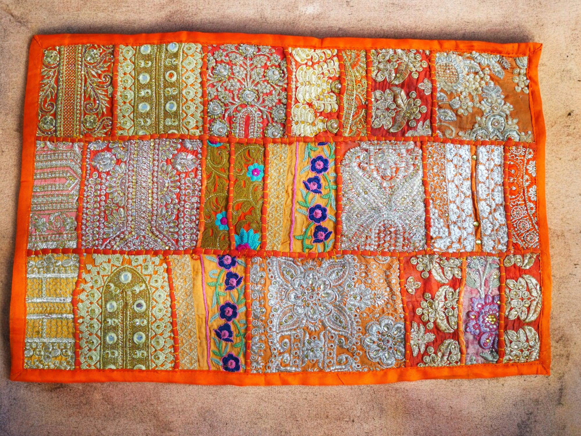 Orange throw pillow - Indian patchwork cushion cover hippie chic | colorful, decorative pillow case for bohemian decor | patchwork pillow hippie cushion COVER - The Shanti Home