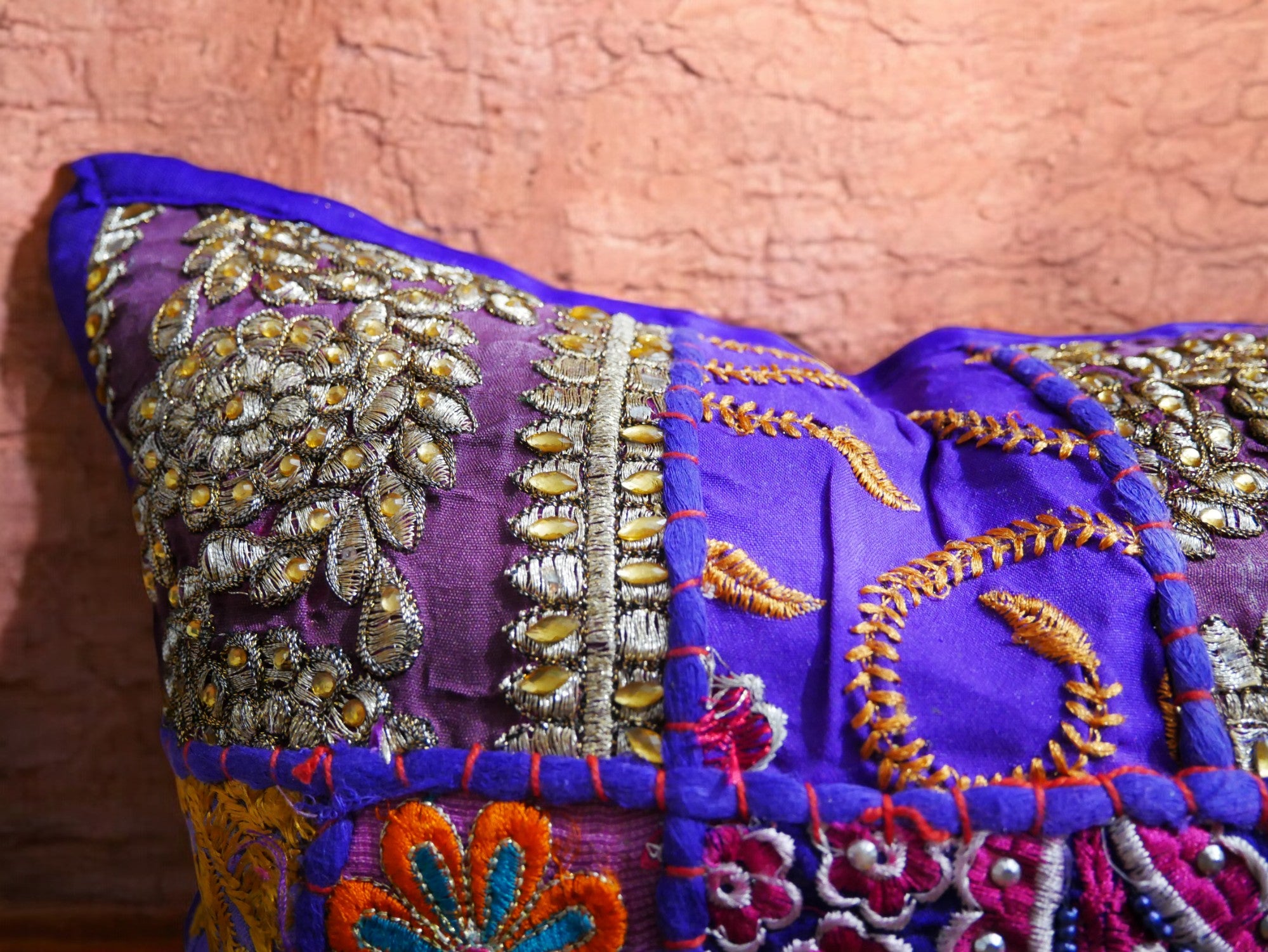 Purple throw pillow - Indian patchwork cushion cover hippie chic | colorful, decorative pillow case for bohemian decor | patchwork pillow hippie cushion COVER - The Shanti Home