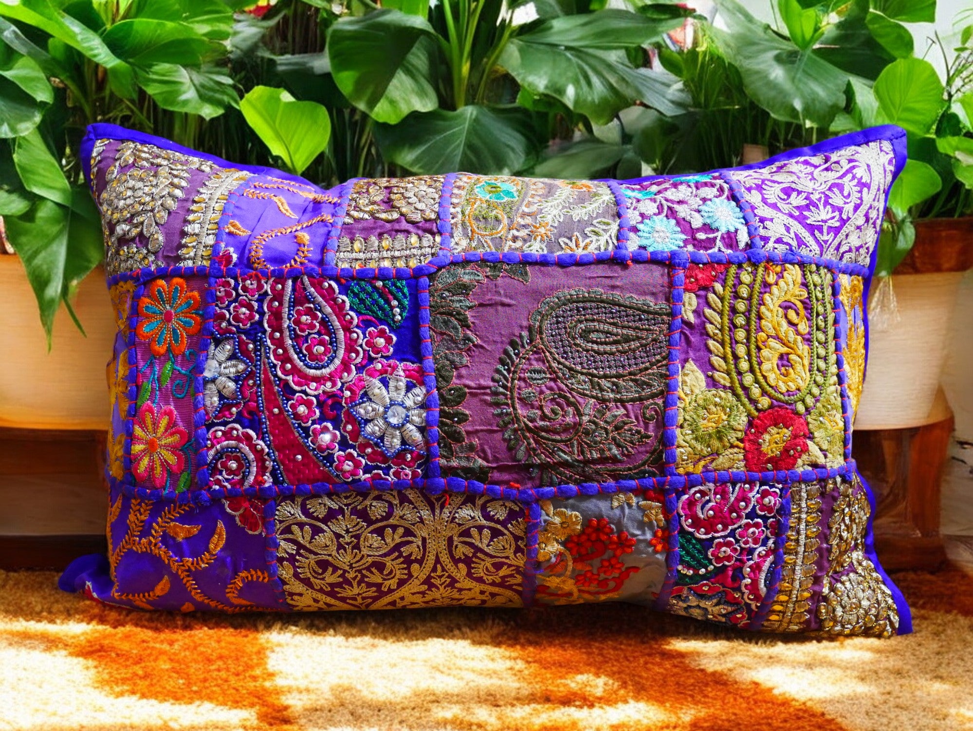Purple throw pillow - Indian patchwork cushion cover hippie chic | colorful, decorative pillow case for bohemian decor | patchwork pillow hippie cushion COVER - The Shanti Home