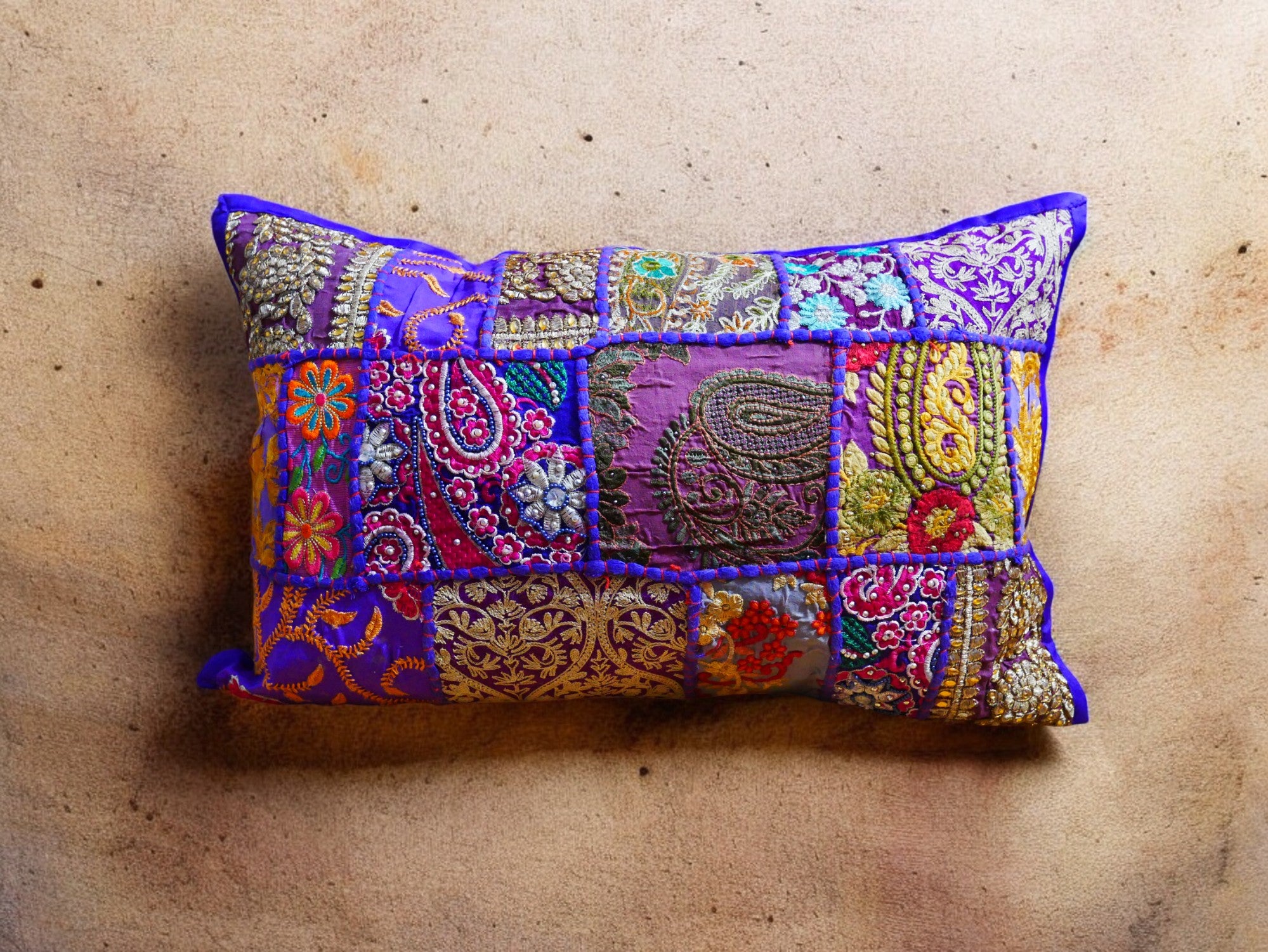 Purple throw pillow - Indian patchwork cushion cover hippie chic | colorful, decorative pillow case for bohemian decor | patchwork pillow hippie cushion COVER - The Shanti Home